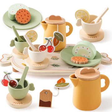 Tea Party Set for Kids - Wooden Tea Set for Little Girls 14PCS Silicone Toddler Tea Set Kitchen Accessories Pretend Play Toy Tea