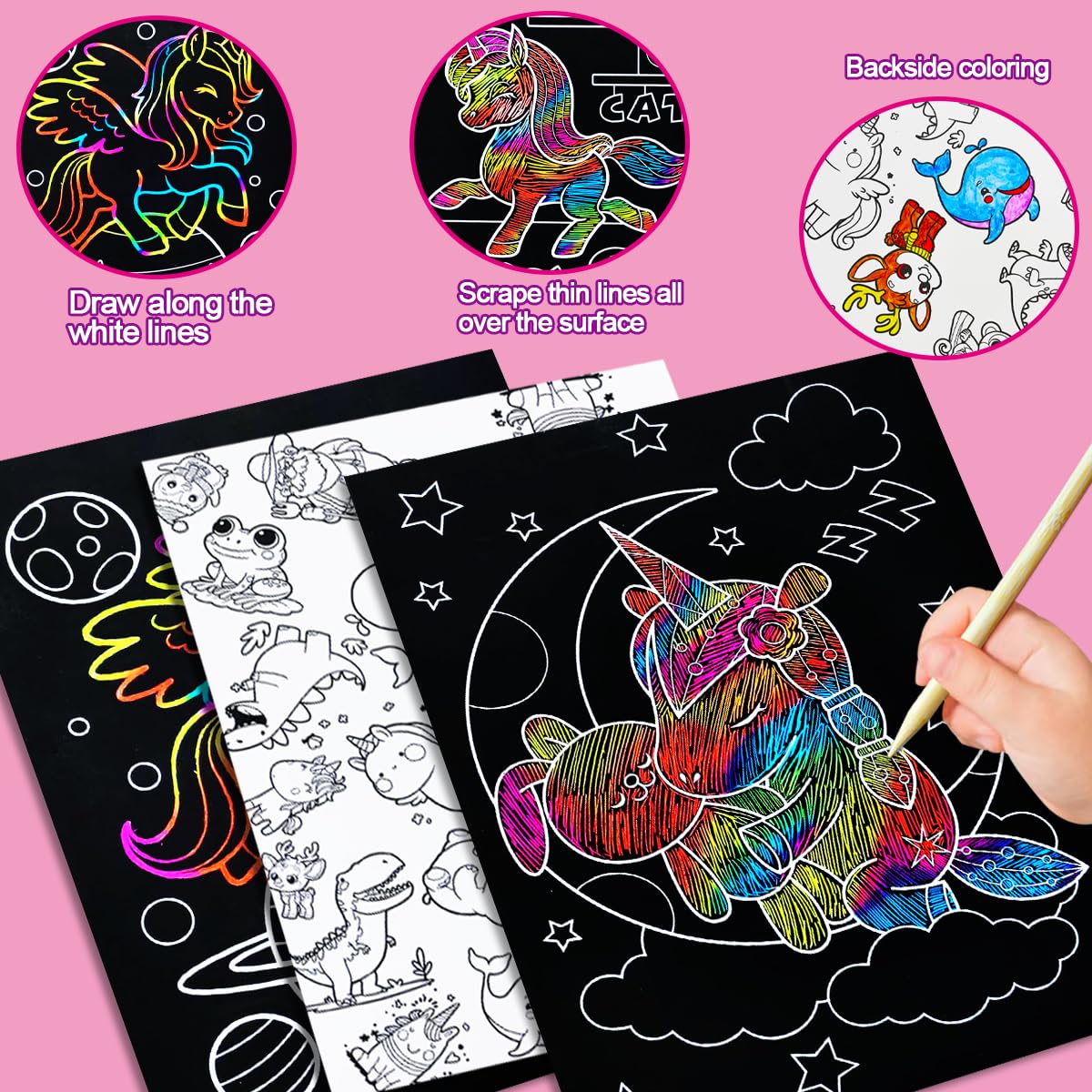JUNQIU Scratch Art for Kids, Rainbow Scratch Paper Art Set - Unicorn, Arts and Crafts for Kids Ages 4-8 Girls Boys, Kids Activit