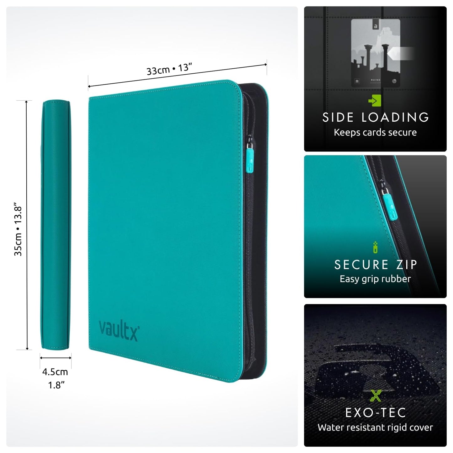 Vault X 12 Pocket Trading Card Zip Binder - 480 cards  enhanced Exo-Tec Album Material  20 Side-Loading Pages  Folder for Collectible Card Games  Sports  TCG (Teal)