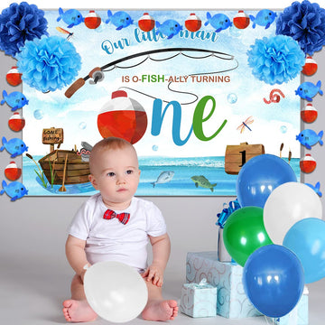 O Fishally One First Birthday Decorations,Gone Fishing Party Supplies Include Fish Bobber Banner,Our Little Man Is Ofishally Tur