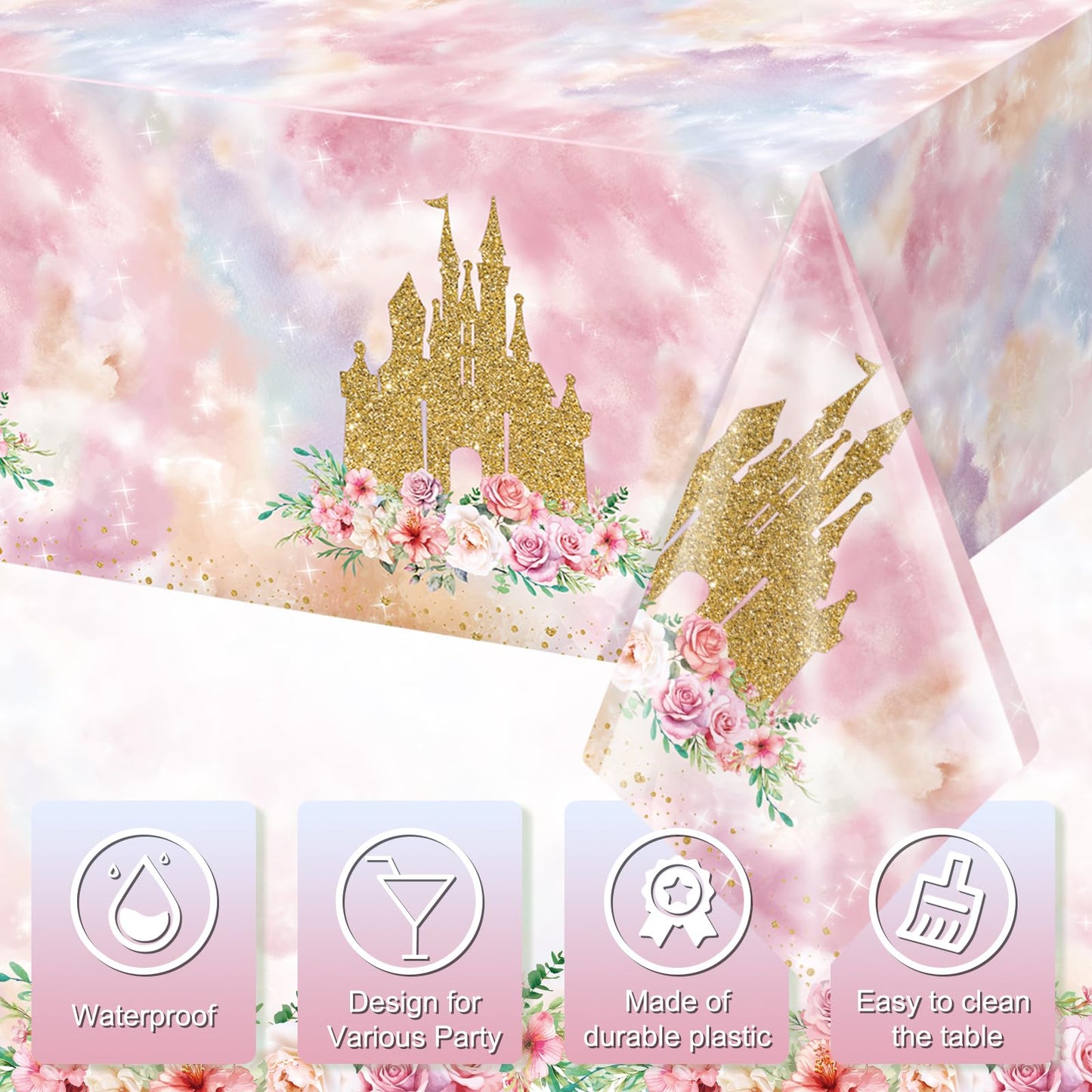 1 Pack Princess Tablecloths Birthday Decorations,Plastic Pink Rose Castle Table Cloth for Parties,Disposable Rectangle Floral Ta