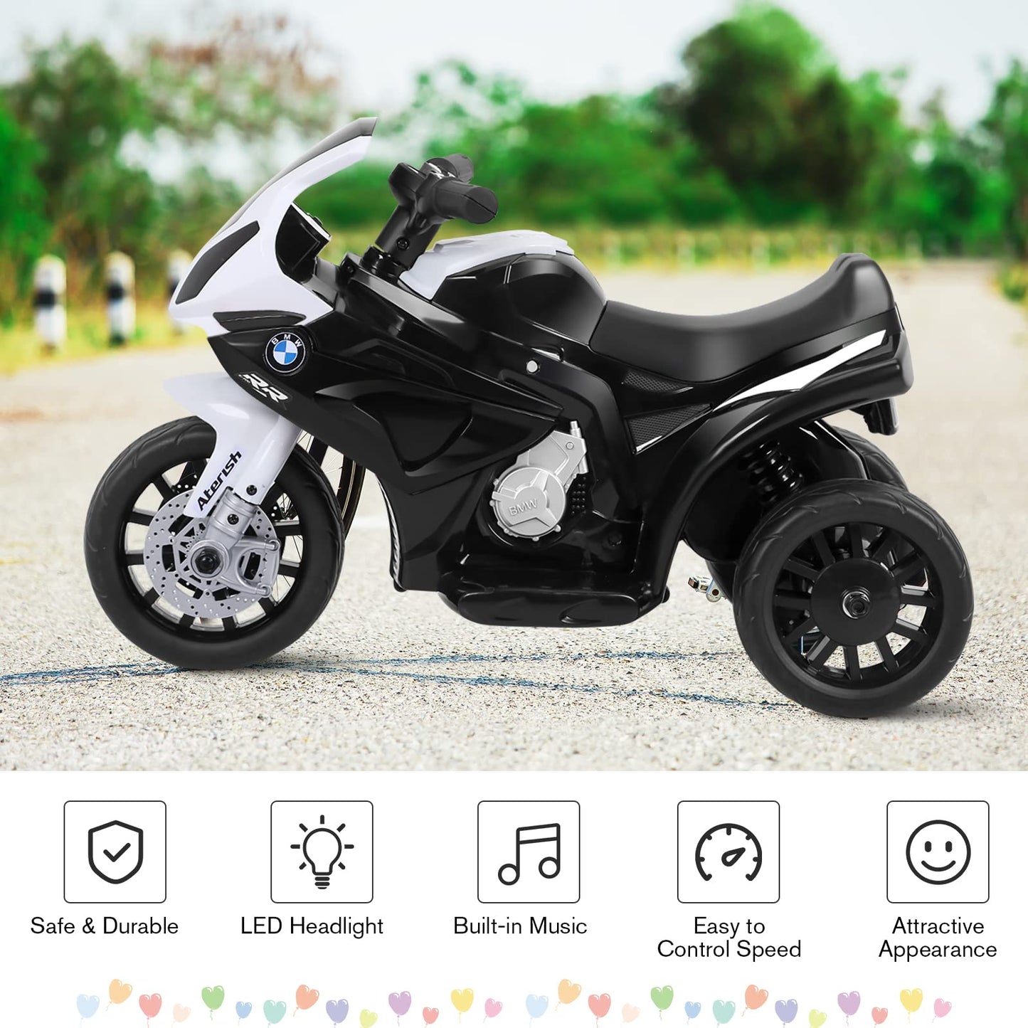 OLAKIDS Kids Ride on Motorcycle, 6V Licensed BMW Electric Motor with Music, Foot Pedal, Headlight, Leather Seat Cushion, 4 Wheel