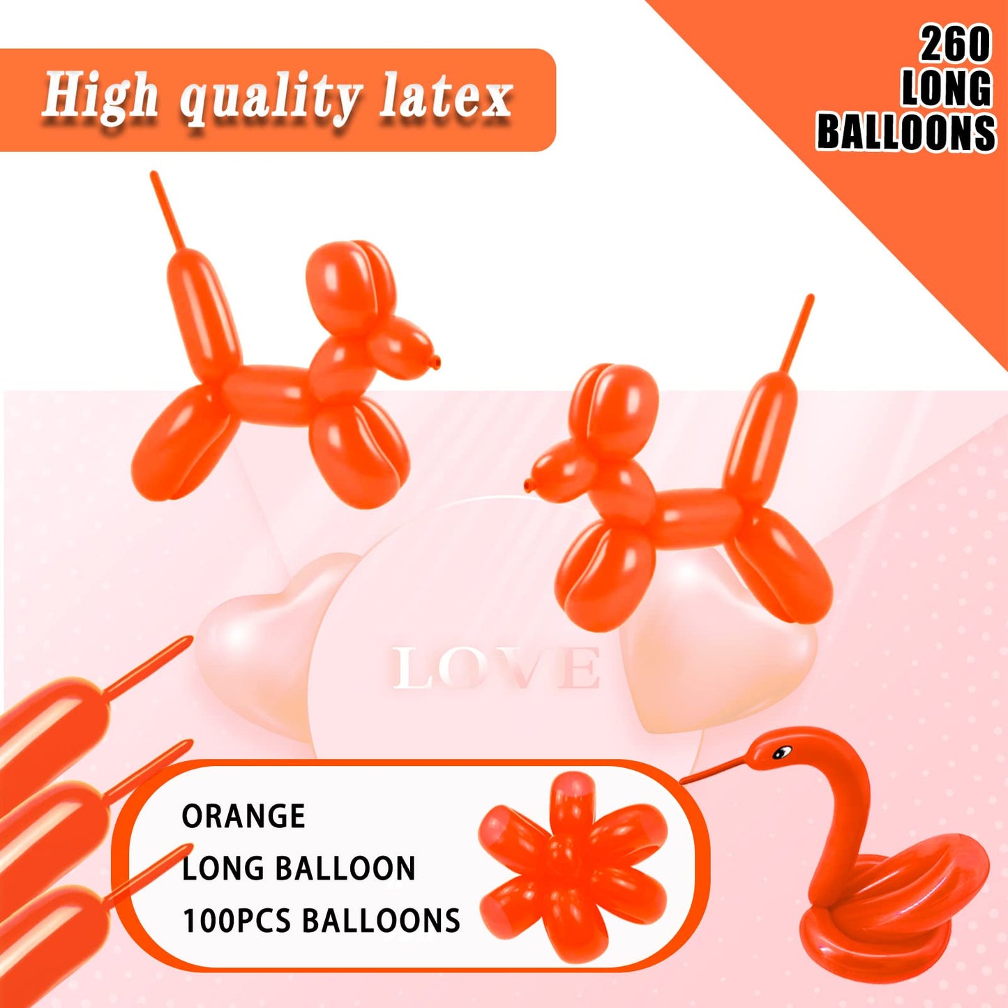 260 Long Balloons 100 Pack Orange Twisting Animal Balloons Thickening Latex Modeling Long Magic Balloons For Animal Model Weddin