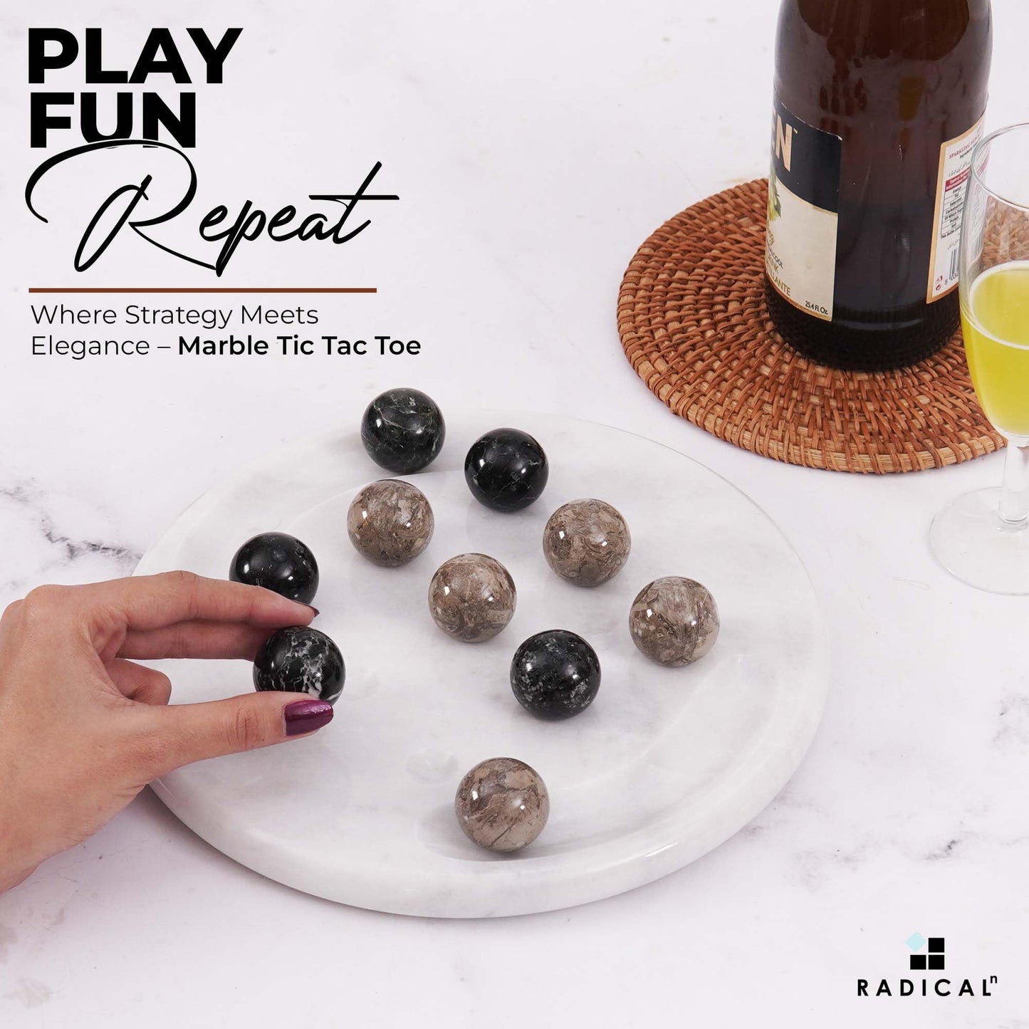 Radicaln Marble Tic Tac Toe 10 Inches Black and Oceanic Handmade Board Game for mature-themed and Family - Ideal Outdoor & Travel Game  Fun Gift for mature-themeds  Best for Coffee Table Centerpiece