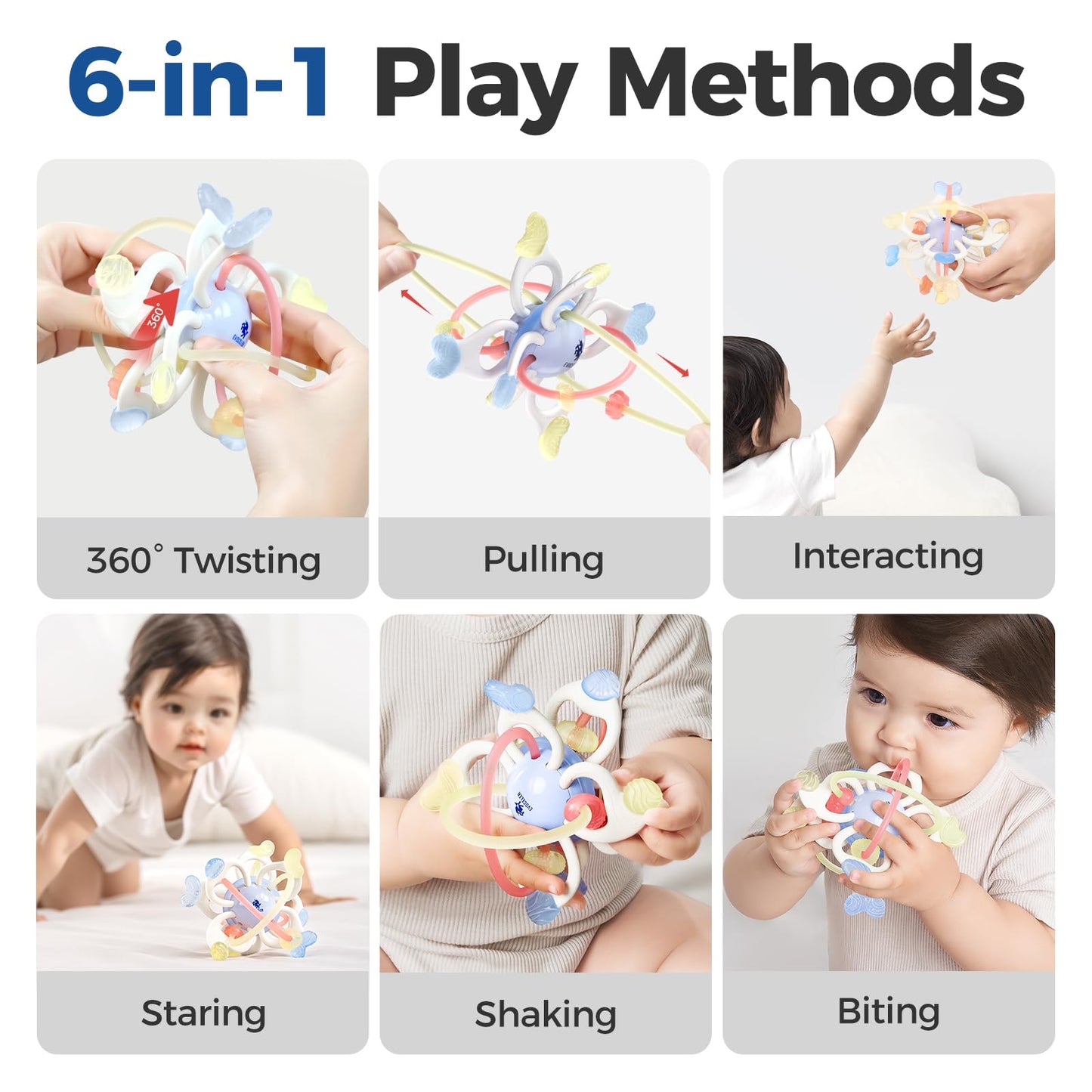 Evoceler Baby Toy, Montessori Sensory Teether Toy For 0-6, 6-12 Months, Rotatable 10 Textures Soft Silicone Teething Toy With St