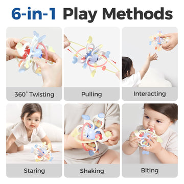 Evoceler Baby Toy, Montessori Sensory Teether Toy For 0-6, 6-12 Months, Rotatable 10 Textures Soft Silicone Teething Toy With St