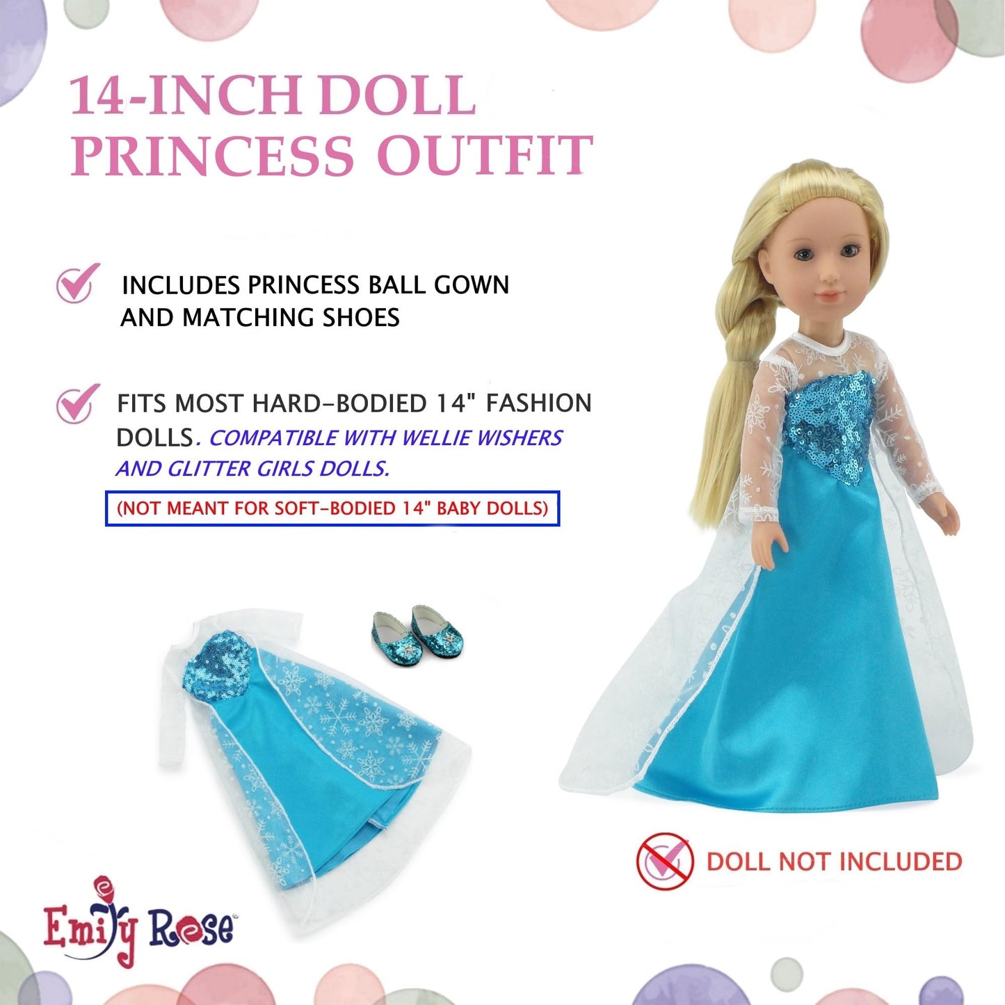 Emily Rose 14 Inch Doll Clothes Ice Princess Dress Gown Gift Set with Sparkly Shoes! | Perfect Halloween Costume for 14-14.5 Hard-Bodied Dolls | USA Business