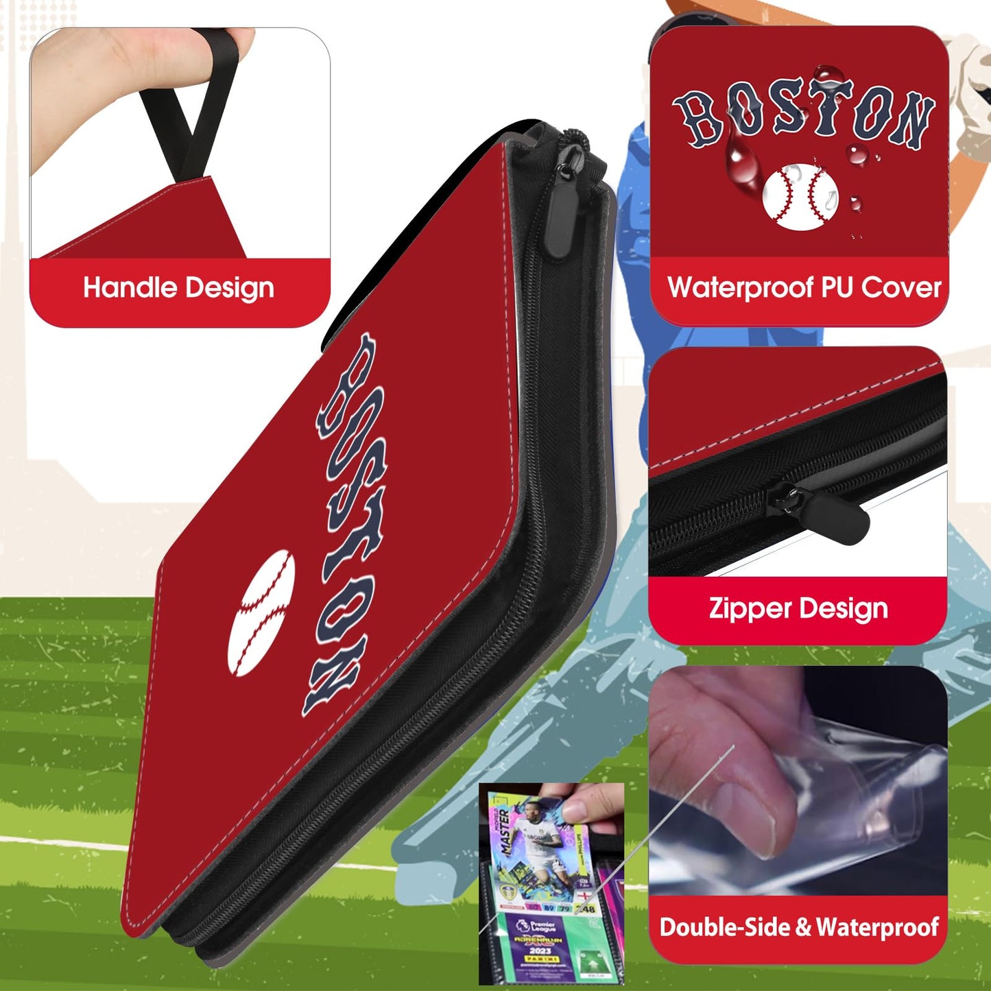 Baseball Card Binder With Sleeves 900 Pocket, Boston Baseball Trading Card Holder Baseball Collector Album Sports Trading Card 3