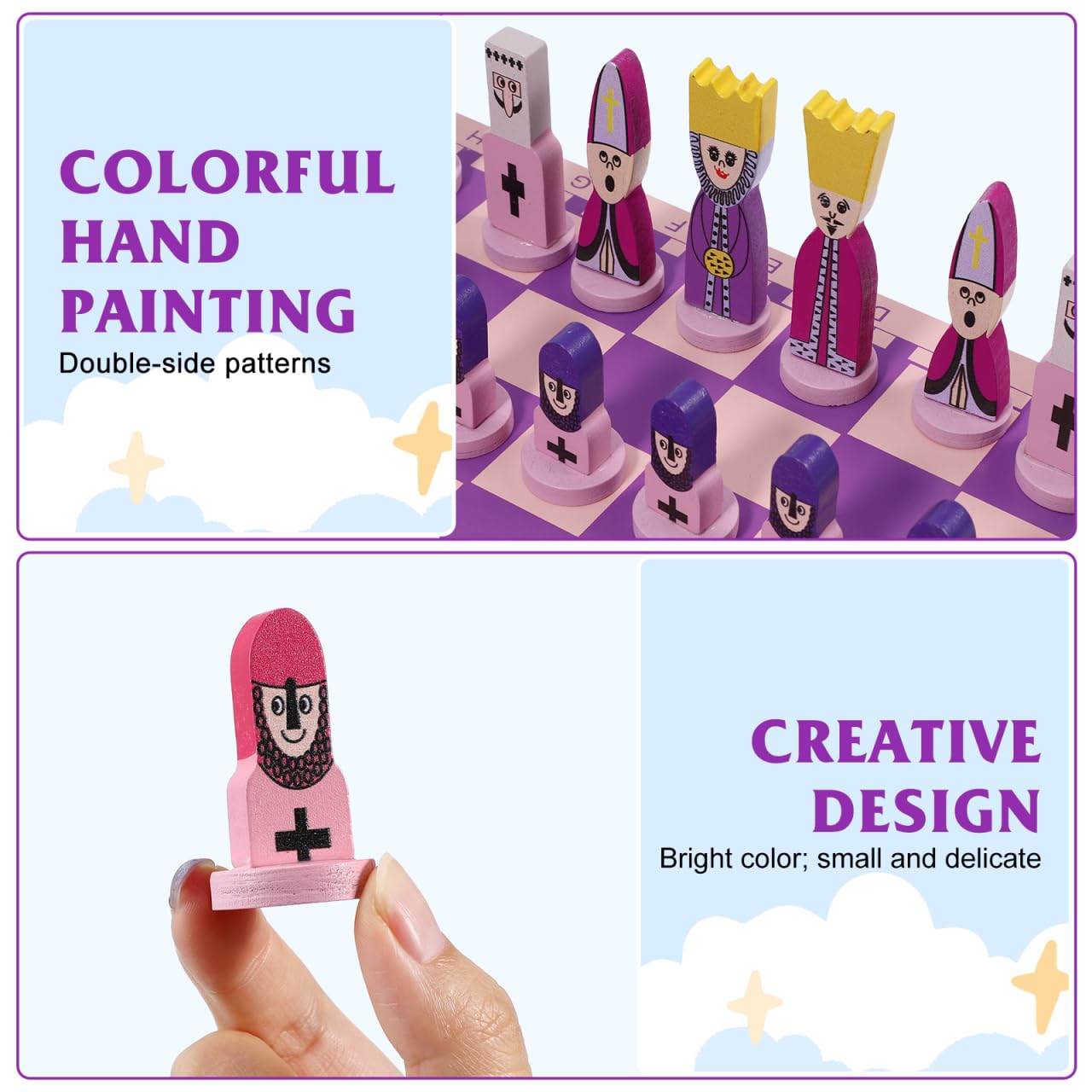 TOYANDONA Wooden Chess Set  11.8 inch Cartoon Travel Chess Set Pink Chess Board Game Set with Cute Chess Pieces for Kids and mature-themeds