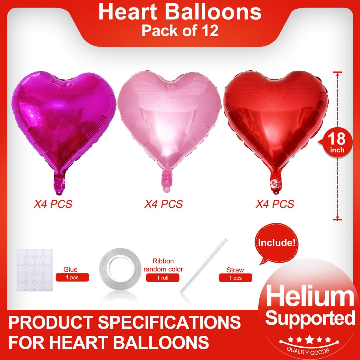 Red Heart Shaped Balloons Pack Of 12,18 Inch Hot Pink Love Valentine Balloons Pink Heart Romantic Balloons For Valentines Day Pr