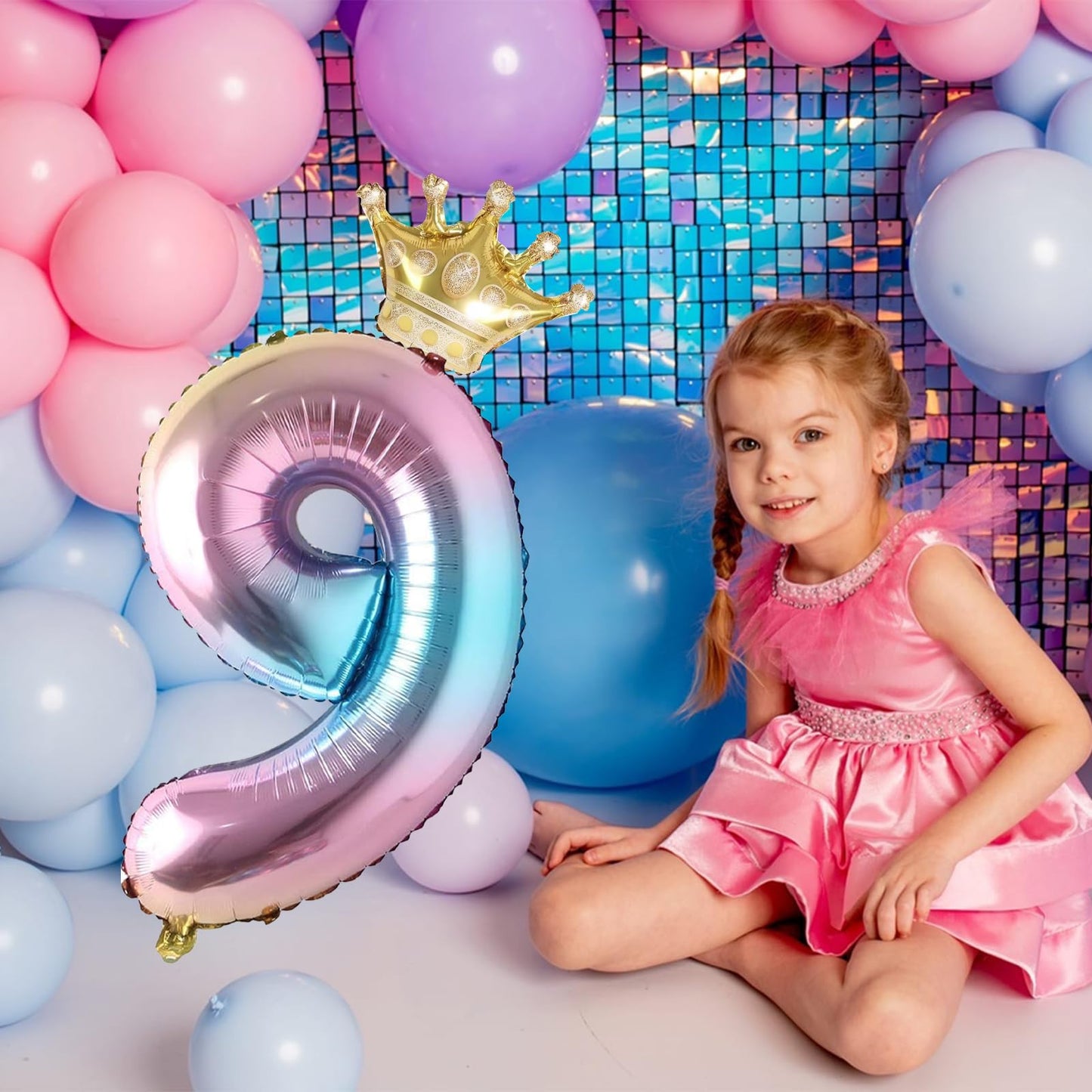 9 Number Balloon Rainbow 40 Inch Big Foil Crown Helium 9Th Balloons For 9 Year Old Boy Girl Birthday Party Decorations Wedding A