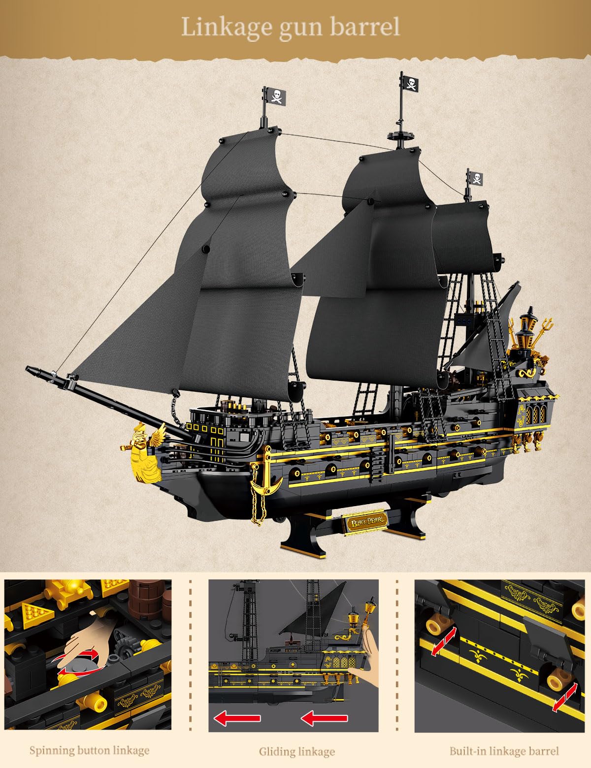 SEMKY Pirate Series Black Devil Pirate Ship MOC Building Blocks and Engineering Toy(2076 Pieces)  Pirate Ship for Kid and Fan