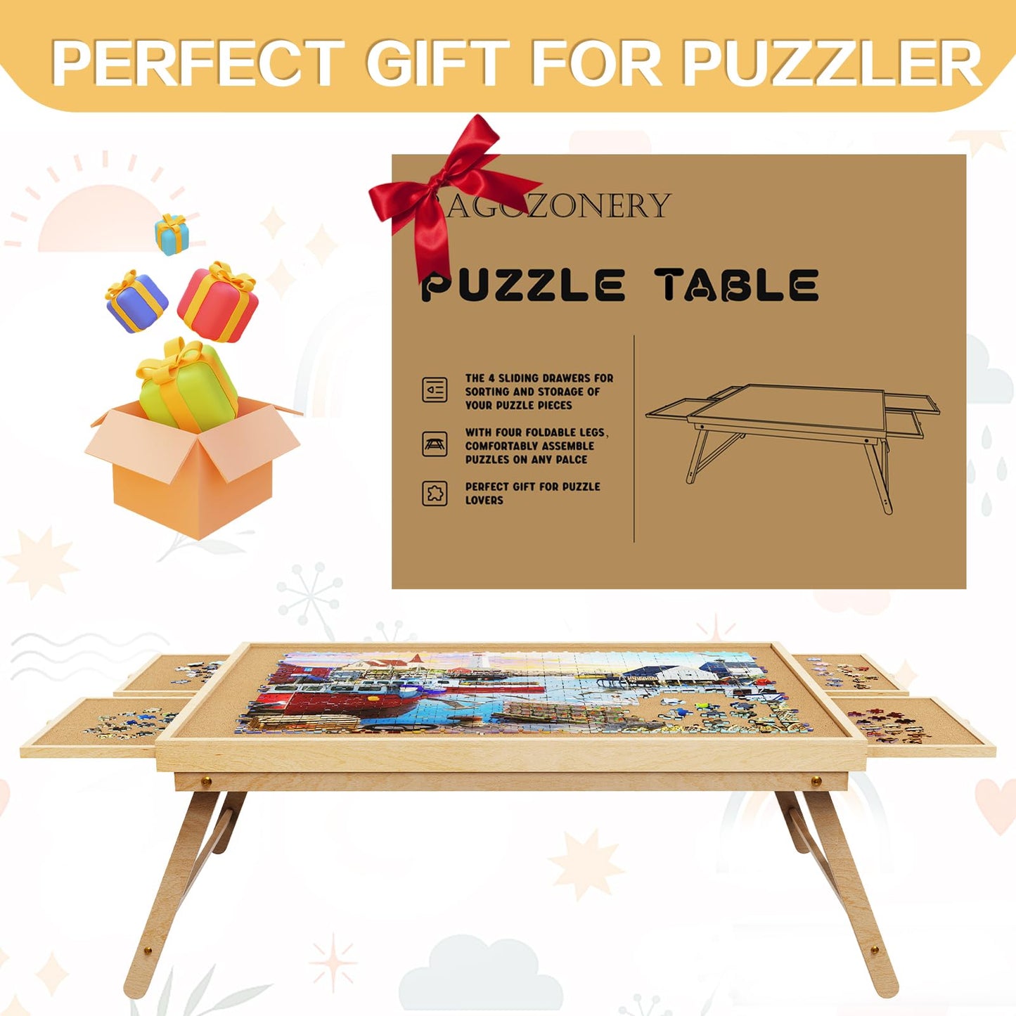 Puzzle Board 1500 Pieces,34.3”X 26.5” Jigsaw Puzzle Table With 4 Drawers And Cover,Portable Board Gametable With Folding Legs For Adults And Teens