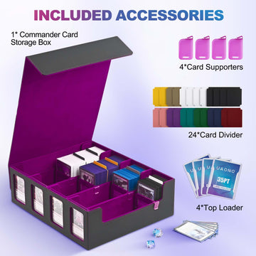 Uaono Trading Card Storage Box With Commander Display; 2400+ Deck Box For Mtg With Removable Cover; Toploader Card Case Fits Magic Tcg Ptcg Sports Cards; 24 Dividers, 4 Stoppers (Black, Purple)