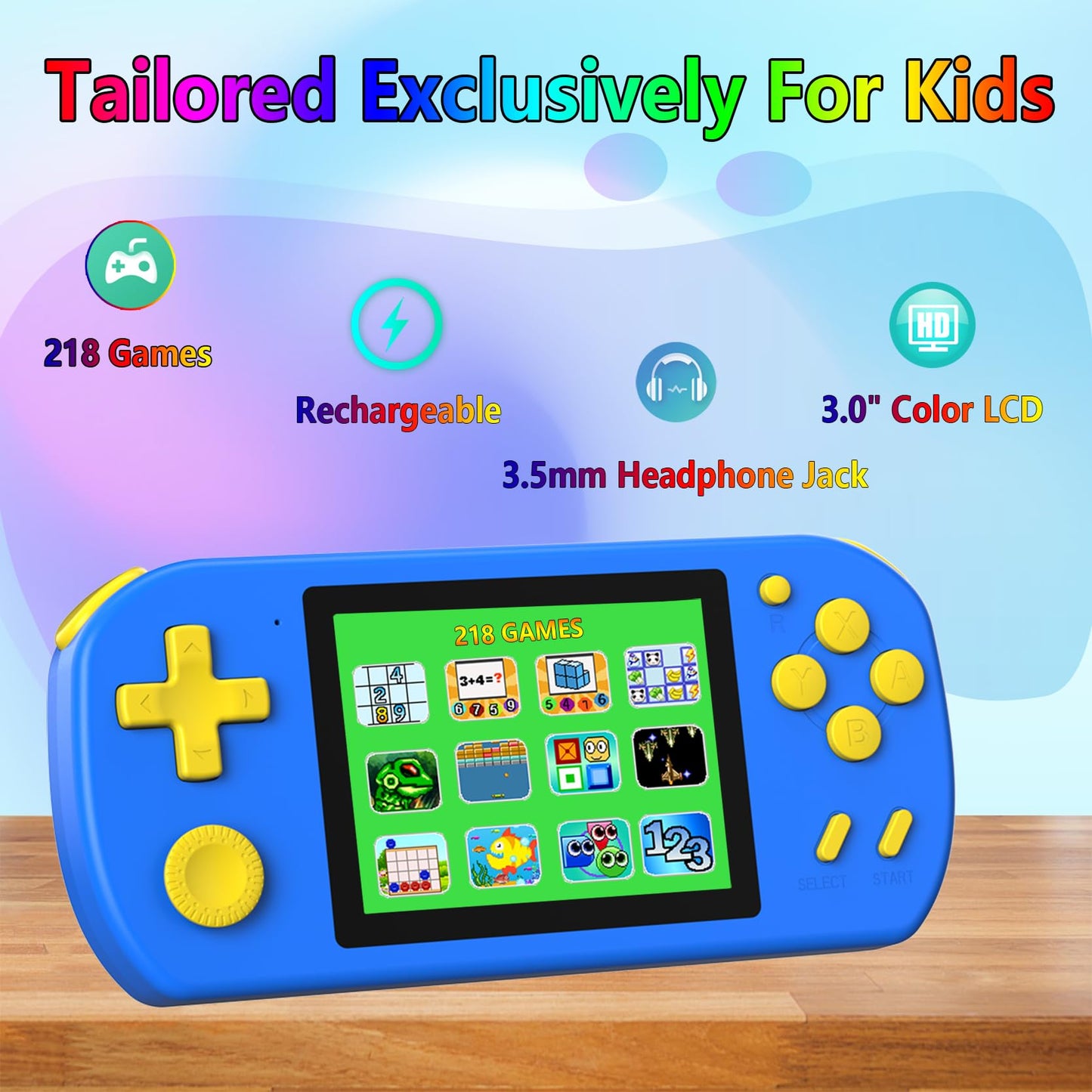 TEBIYOU Handheld Game Console for Kids, 218 Built-in Games, 3.0" HD Screen, Portable, Rechargeable, Blue