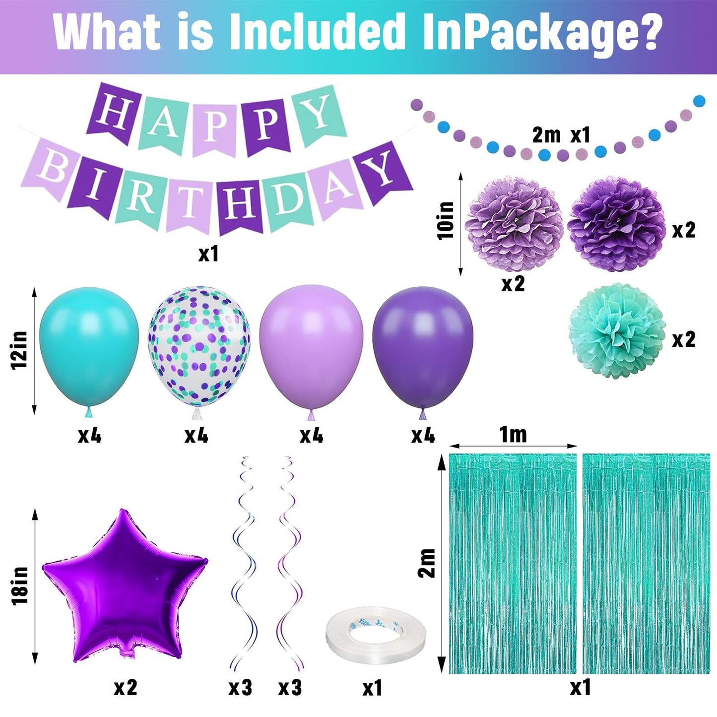 Mermaid Birthday Decorations Purple Teal Blue Party Balloons Happy Birthday Banner Dots Garland Purple Turquoise Green Fringe Cu