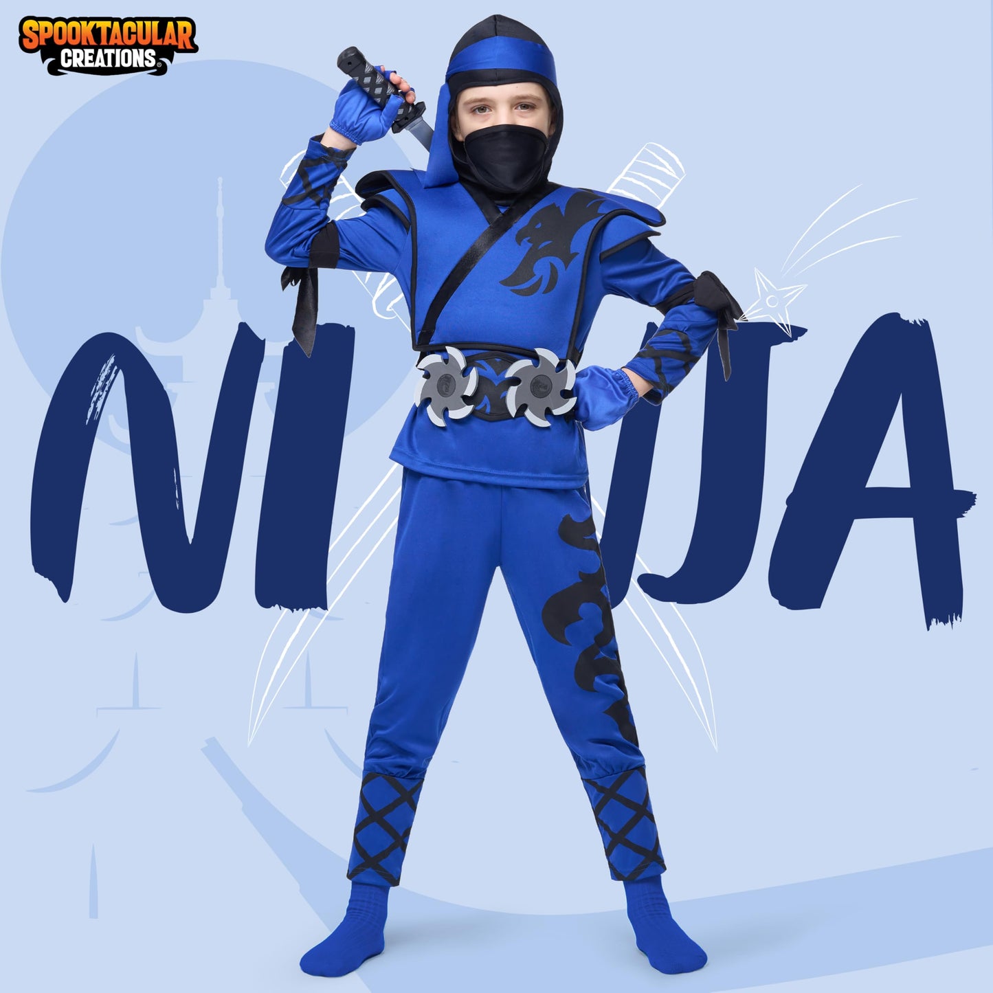 Spooktacular Creations Kids Ninja Costume  Birdy Blue Ninja Costume with Accessories for Boys Halloween Dress Up  Themed Parties  S