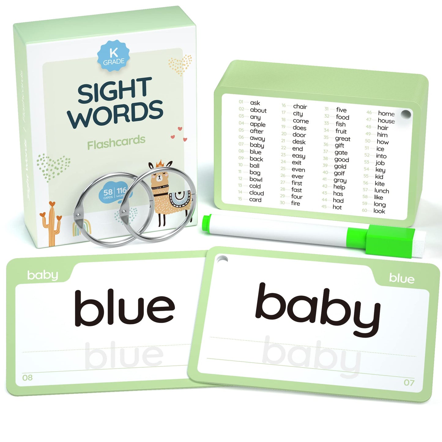 Wjpc 58 Cards, 116Pcs High Frequency Sight Words Flash Cards (Kindergarten), Phonics Learning Cards For Kids Ages 4,5,6 Years. Learn To Read, Write.