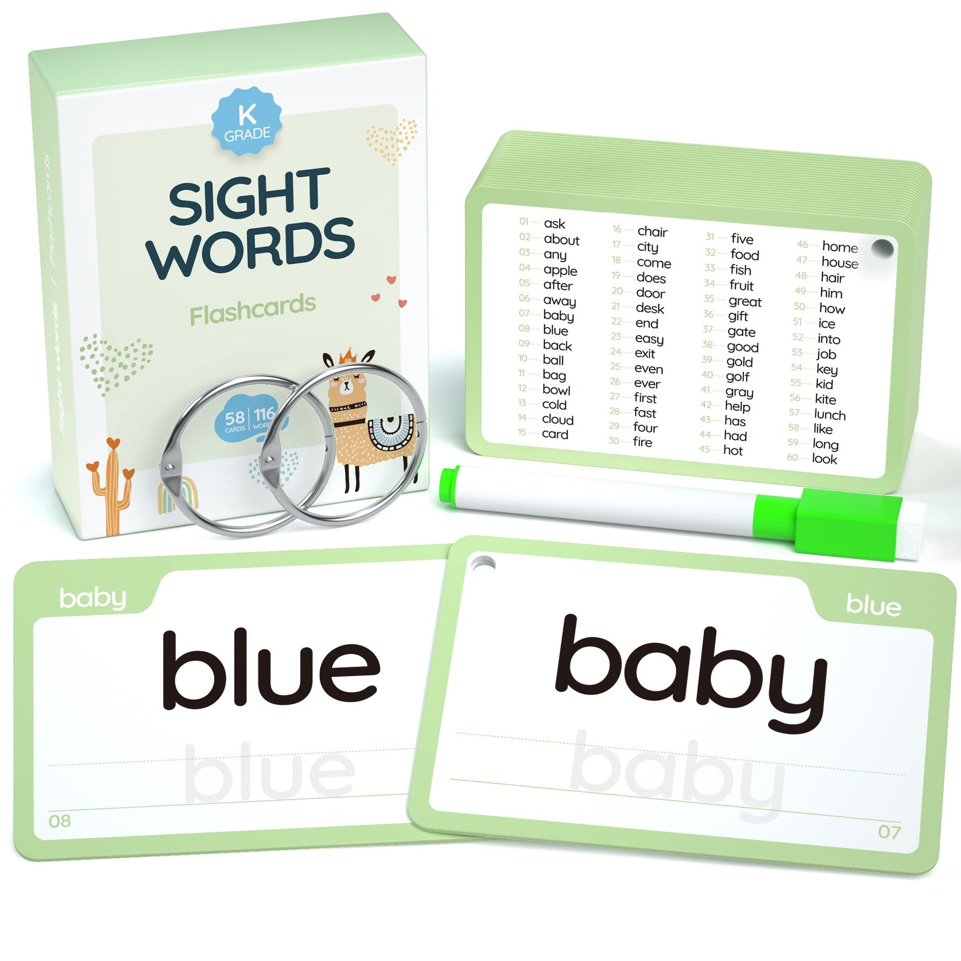 Wjpc 58 Cards, 116Pcs High Frequency Sight Words Flash Cards (Kindergarten), Phonics Learning Cards For Kids Ages 4,5,6 Years. Learn To Read, Write.