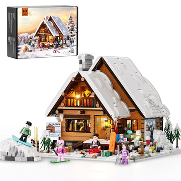 Funwhole Christmas Ski-Cabin Lighting Building-Bricks-Set - Retro Christmas Winter Snow House Collection Led Light Building Construction Holiday Model Set 2187 Pcs For Adults And Teen