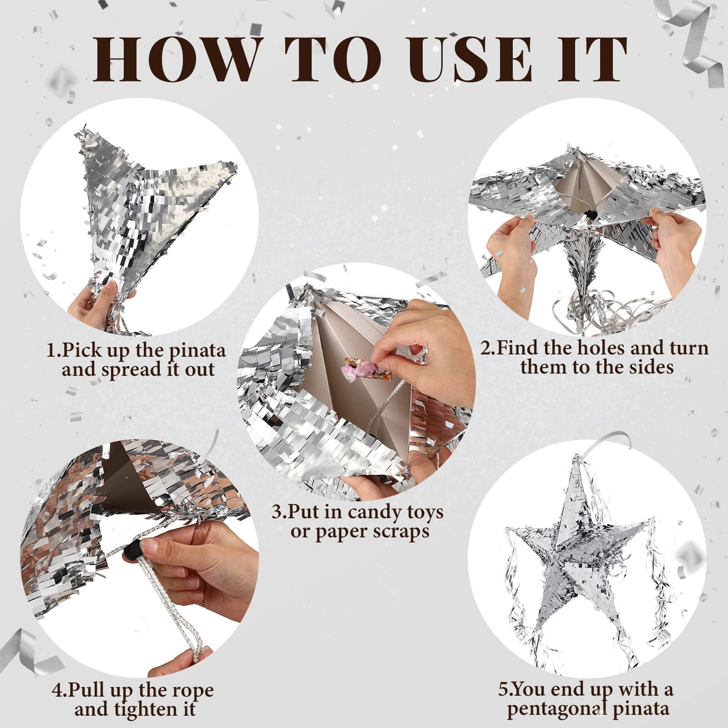 Hanaive Foil Star Piñata - Silver Paper Birthday Party Supplies with Blindfold & Bat, Foldable Fiesta Fun