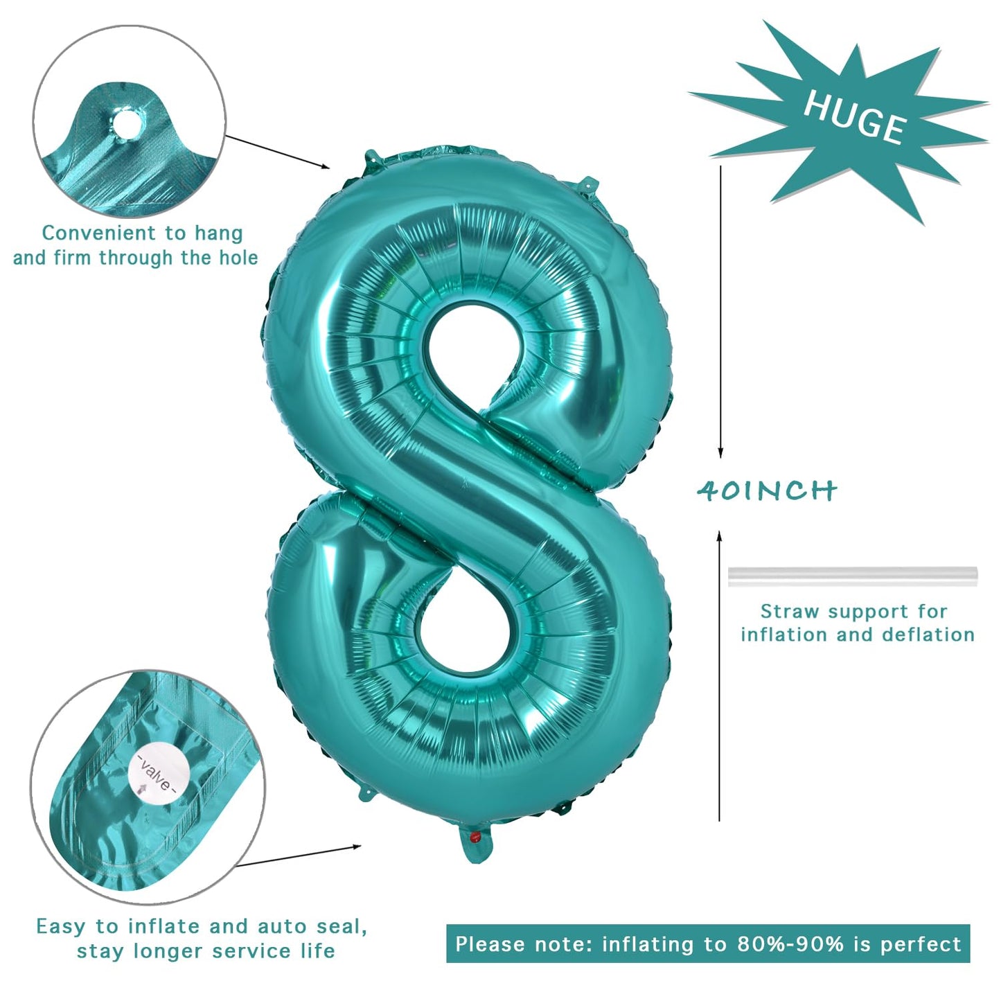 Vonokee 40 Inch Teal Blue Giant Number Balloons 8, Jumbo Digital Foil Mylar Balloon For Birthday Party Wedding Anniversary Celeb