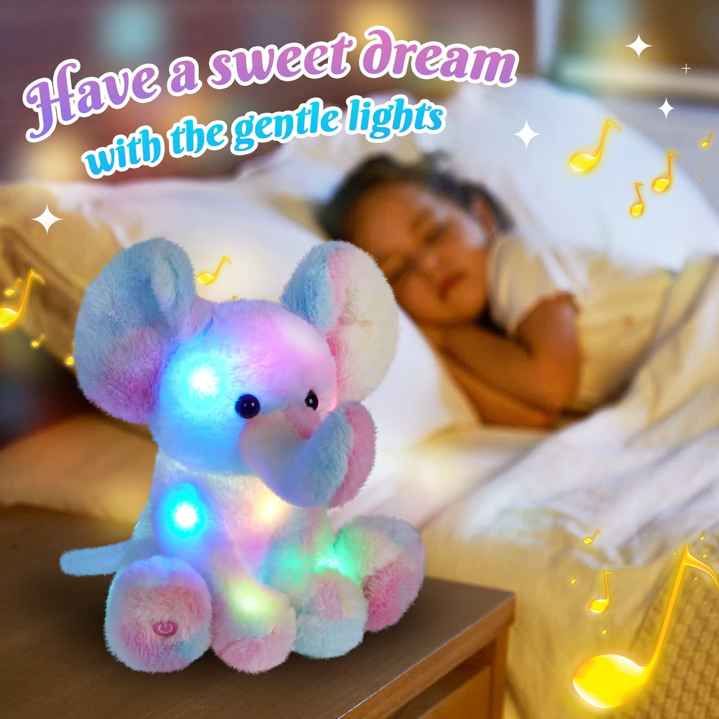 Glow Guards Rainbow Elephant Plush Toy - 12'' Musical LED Night Light & Lullaby for Kids, Soft Wildlife Gift