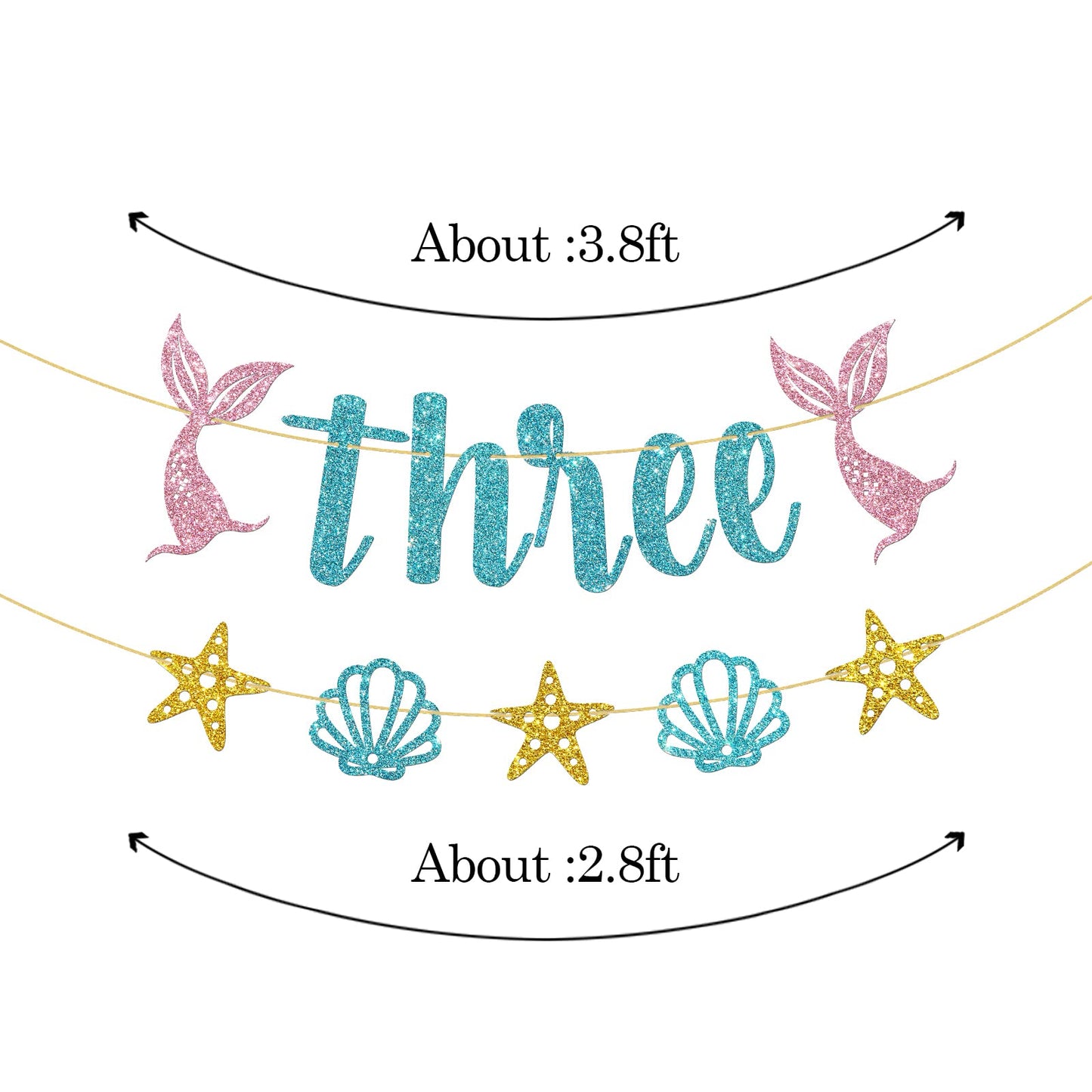 WeBenison Mermaid 3rd Birthday Banner - Pink & Blue Glitter Paper Bunting for Under The Sea Party Decorations
