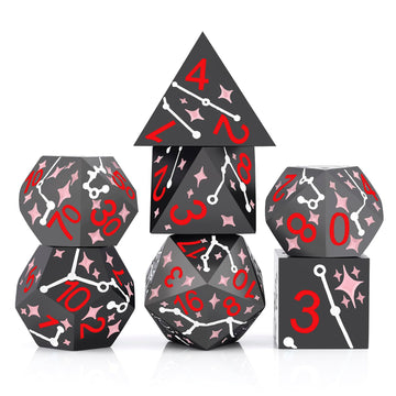 PJOY Metal Dice Set D&D Star Dice Set DND Polyhedral Dice for RPG Role Playing Games Dungeons and Dragons TTRPG Black Red Pink D
