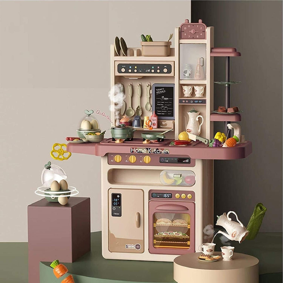 Pretend Play Kitchen Set for Kids, Toy Kitchen Playset with Realistic Lights Sounds Steam Stove & Play Sink, 65 PCS Cooking Acce
