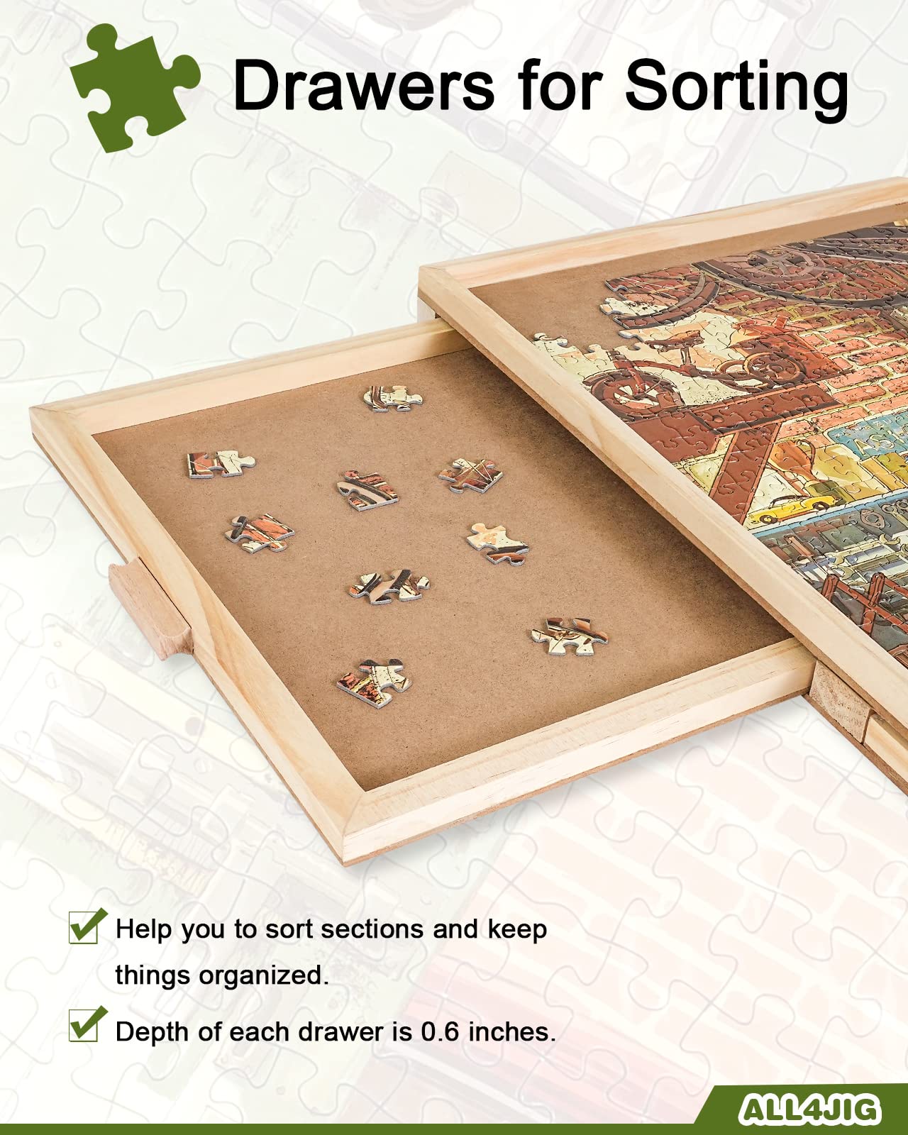 ALL4JIG Wooden 1000 Piece Rotating Puzzle Board with Drawers, 22"x30", Brown, Portable Jigsaw Table for Adults