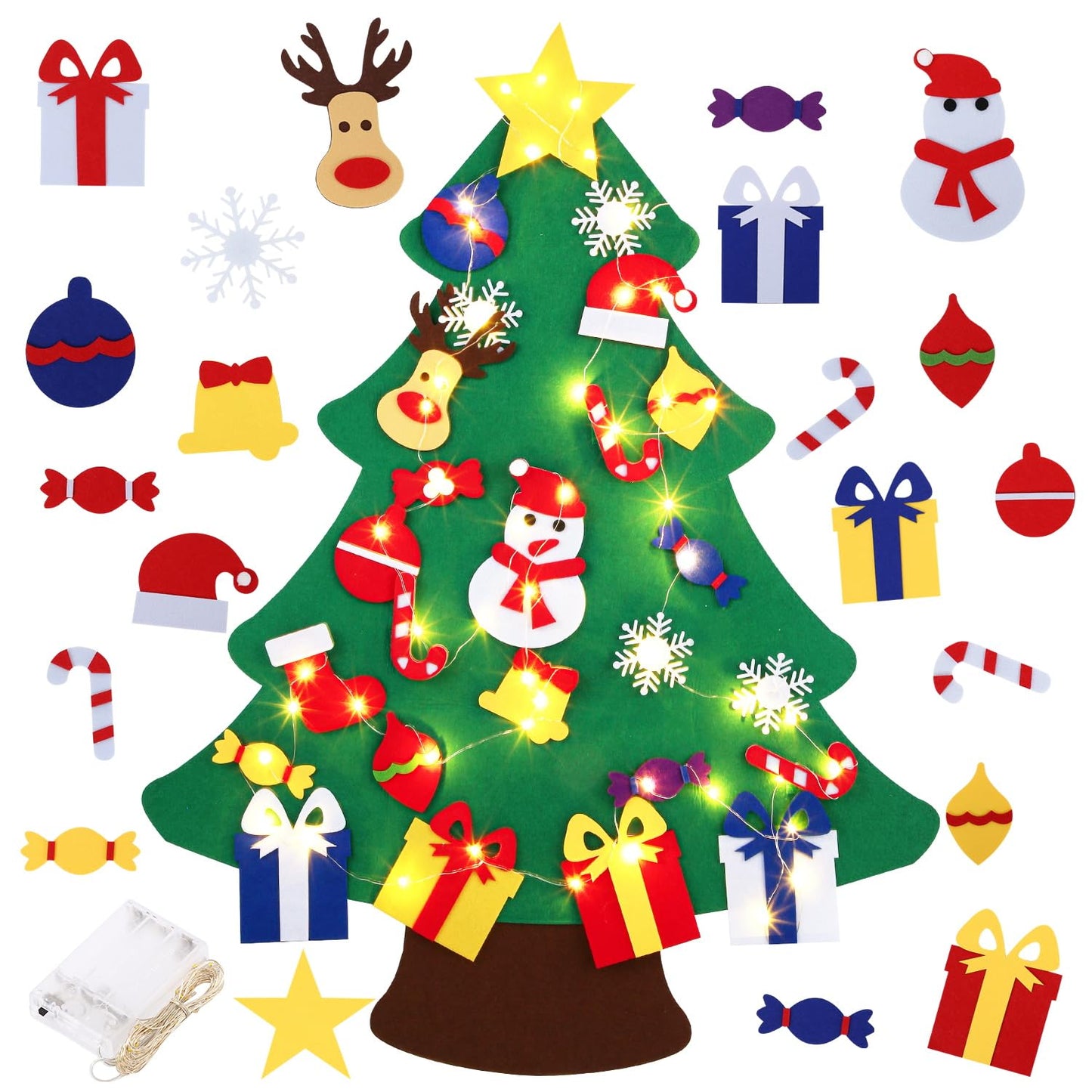 3FT DIY Felt Christmas Tree for Kids with 31pcs Detachable Ornaments,Wall Hanging Xmas Christmas Decorations with String Light (