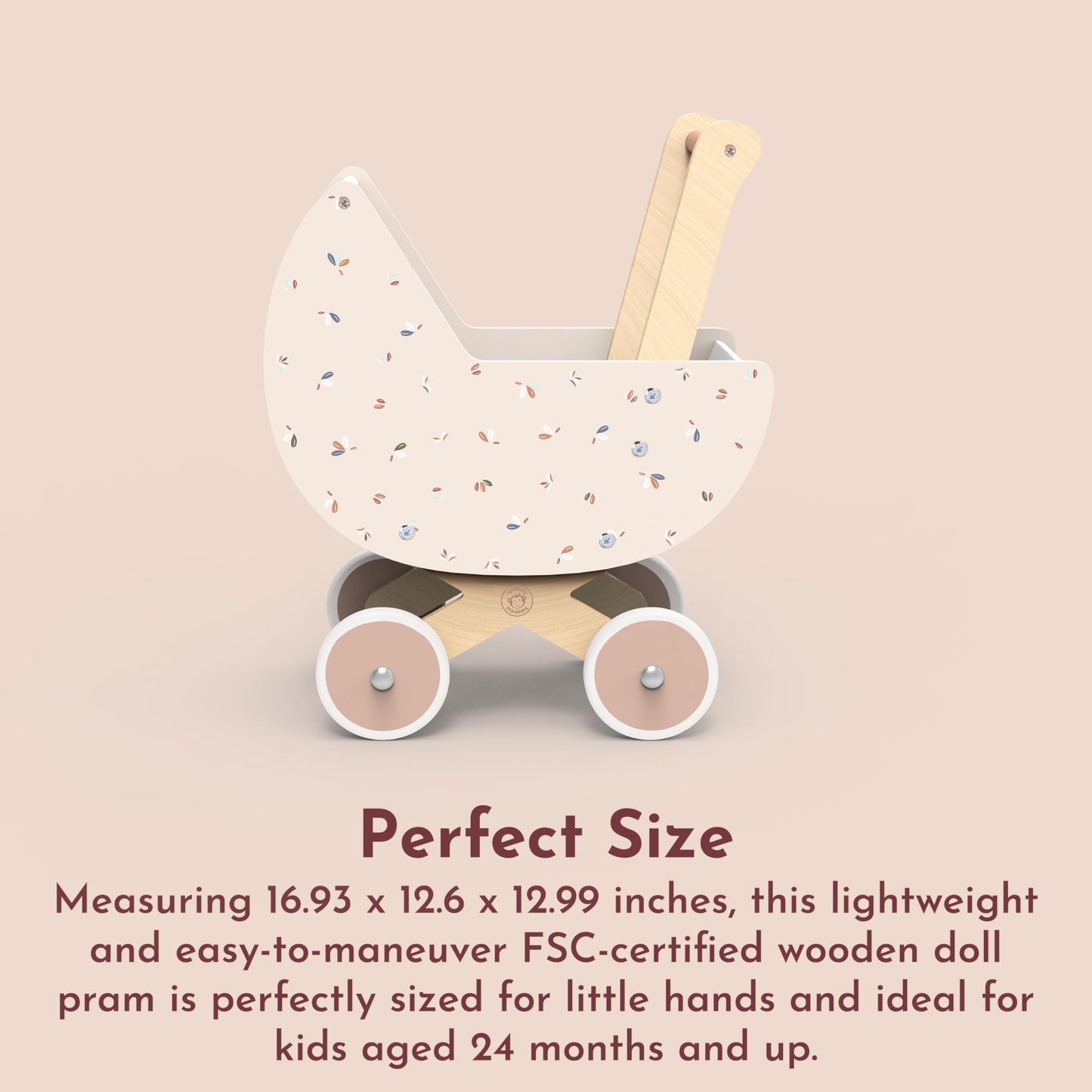 SPEEDY MONKEY Wooden Doll Stroller Pram | Multicolor | 16.93x12.6x12.99 inches | Durable Pretend Play Toy for Toddlers | Model SP