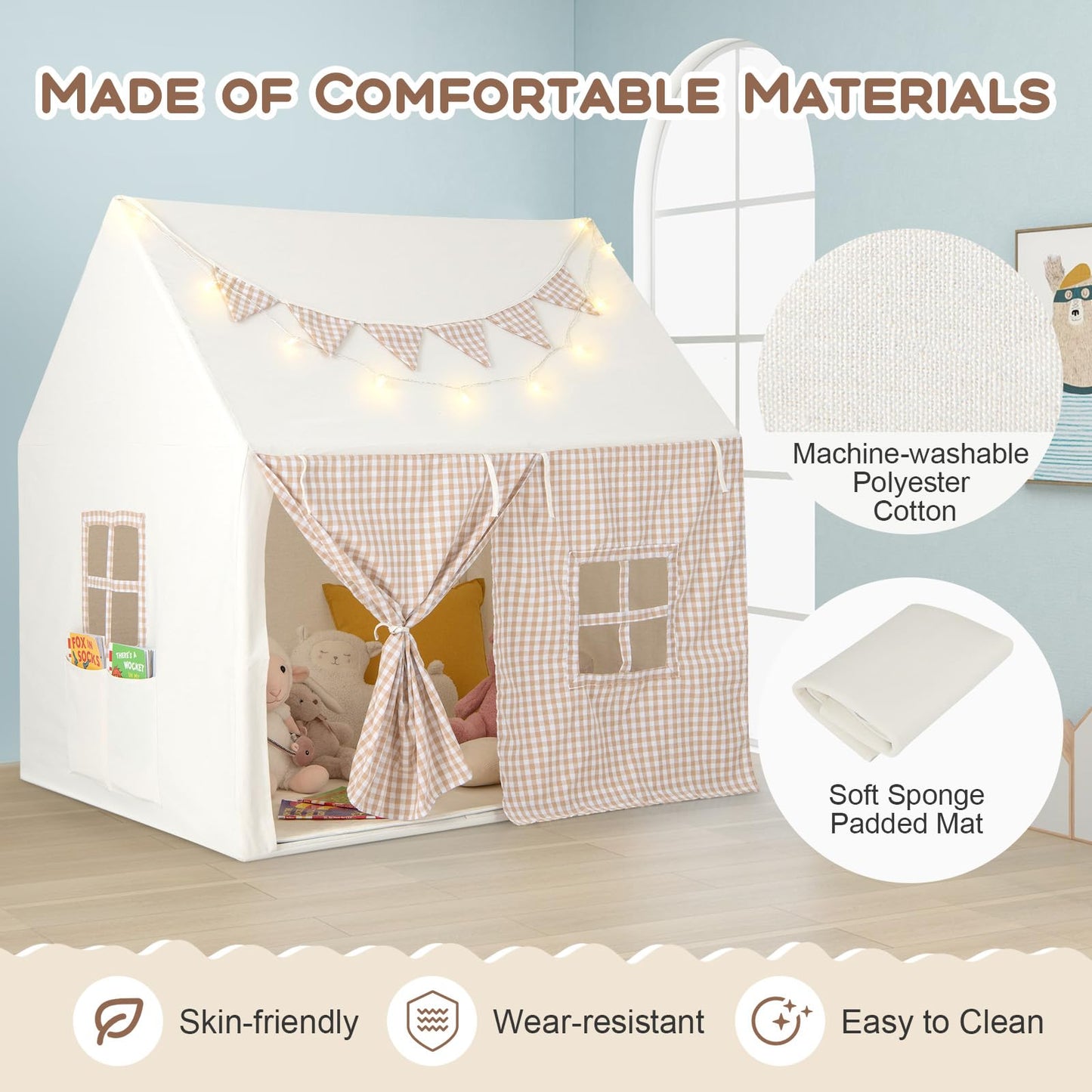 Costzon Kids Tent, Large Playhouse For Indoor Outdoor Play W/Padded Mat, 2 Breathable Windows & 2 Storage Pockets, Star Lights & Flag Banner Included, Toddler Tent For Boys Girls Aged 3-8 Years Old