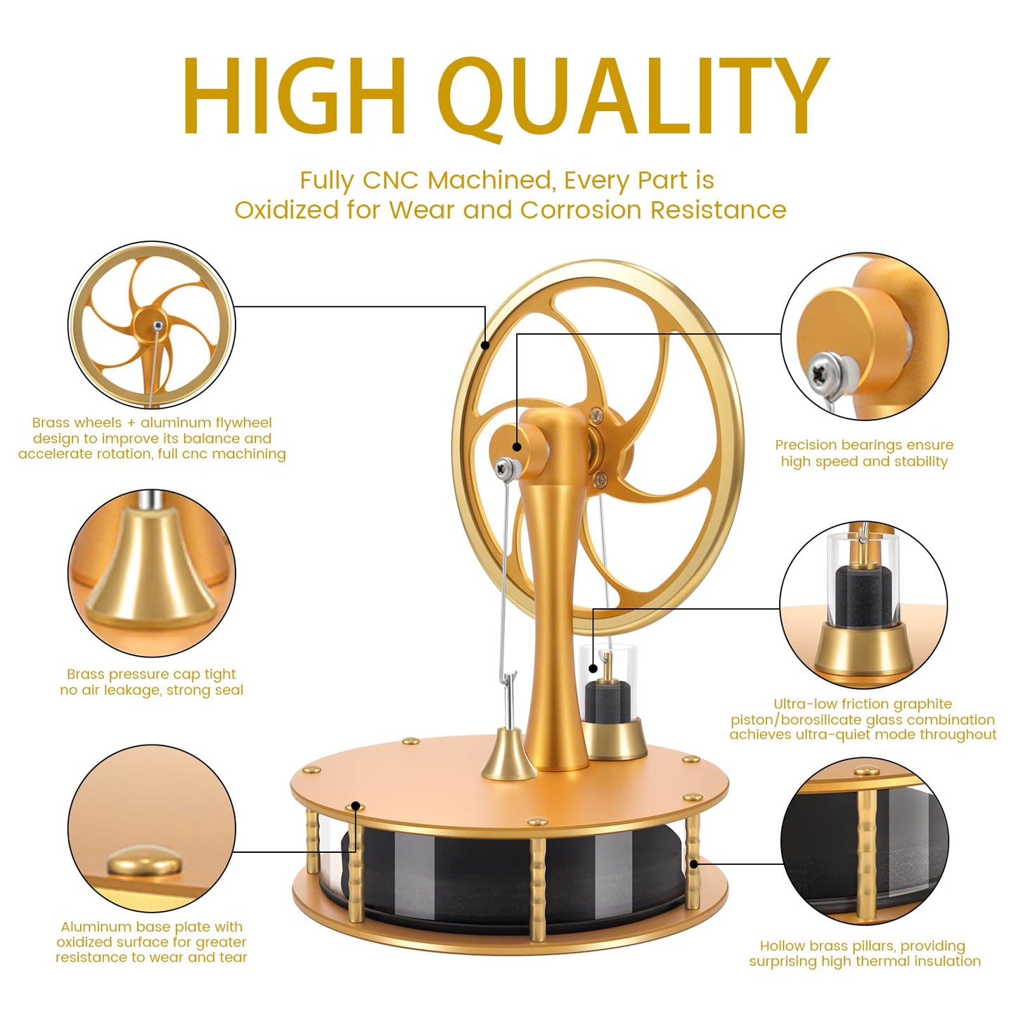 PFCKE HZZ92 Upgrade Low Temperature Stirling Engine Kit Steam Heat Educational Model Classroom Teaching Stirling Engine mature-themed Desktop Educational Toys Brass Aluminum Stirling Engine- Gold