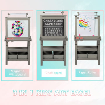 Kinder King 3 In 1 Kids Art Easel W/Storage, Double-Sided Magnetic Whiteboard & Chalkboard, Dry-Erase Board W/Paper Roller, Todd