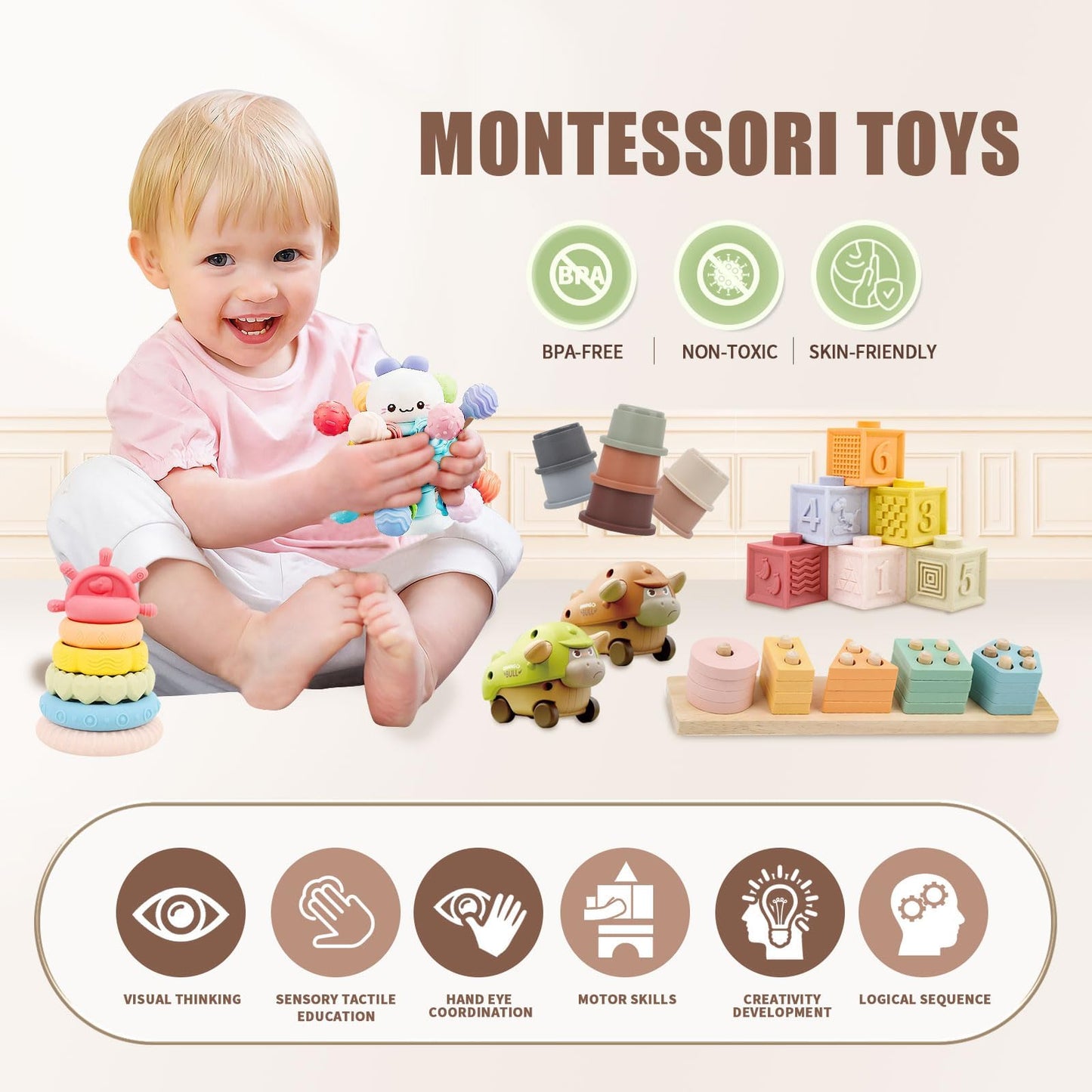 LUCKFUTURE Montessori Baby Toy Set, 8-in-1 Educational Sensory Toys for 6-18 Months, Silicone, Ideal Gifts for Boys & Girls