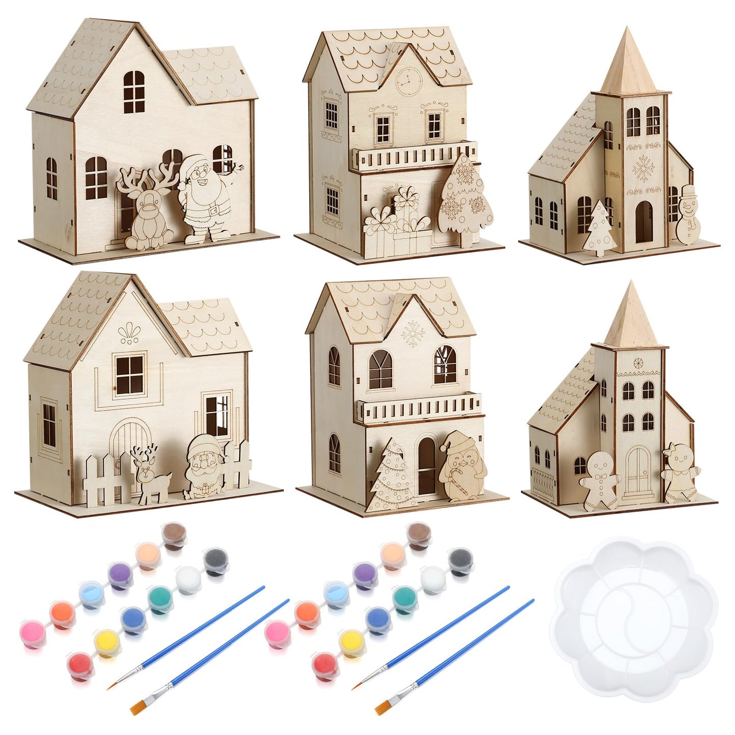 Thyle 6 Set Christmas Wooden House Kit For Craft Diy Christmas Village Unfinished Wooden Gingerbread House Make Your Own 3D Hous