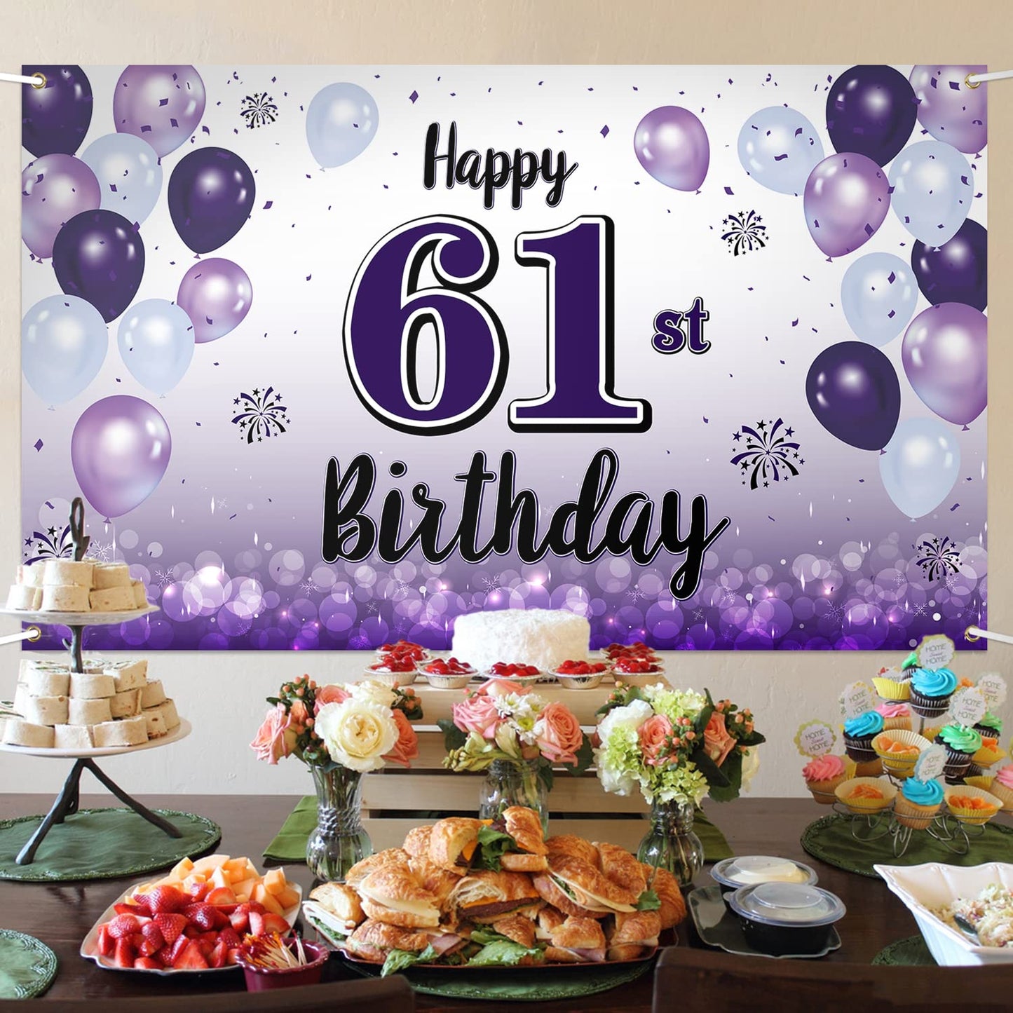 LASKYER Happy 61st Birthday Decorations,61st Purple Balloon Large Birthday Banner Backdrop Sign,61 Years Old Bday Party Supplies