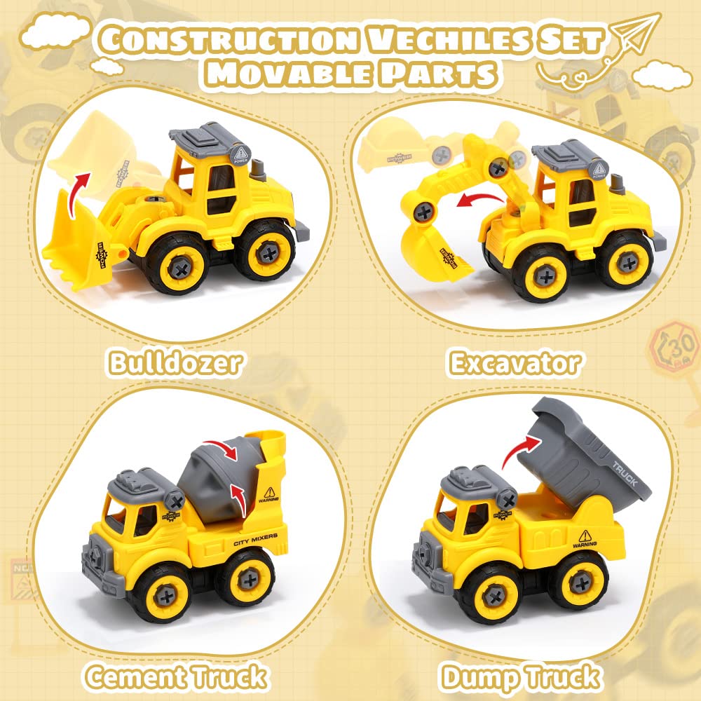 OENUX Play Sand Construction Set, Beach Building Castle Kit w/ 2.2lbs Play Sand, 4 Take Apart Construction Trucks Toys and Signs