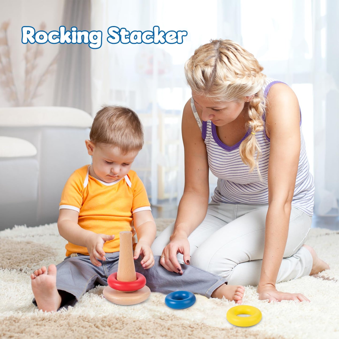 Adena Montessori Rocking Stacker Baby Toys for 6-12 Months, Medium Size, Wooden, Red, Yellow, Blue
