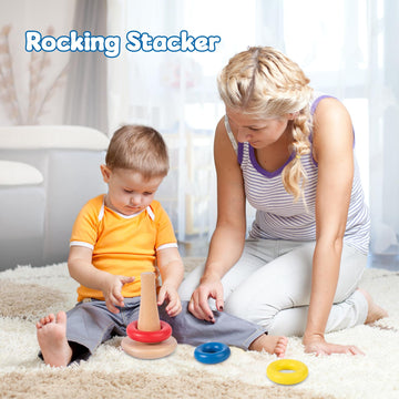 Adena Montessori Rocking Stacker Baby Toys for 6-12 Months, Medium Size, Wooden, Red, Yellow, Blue