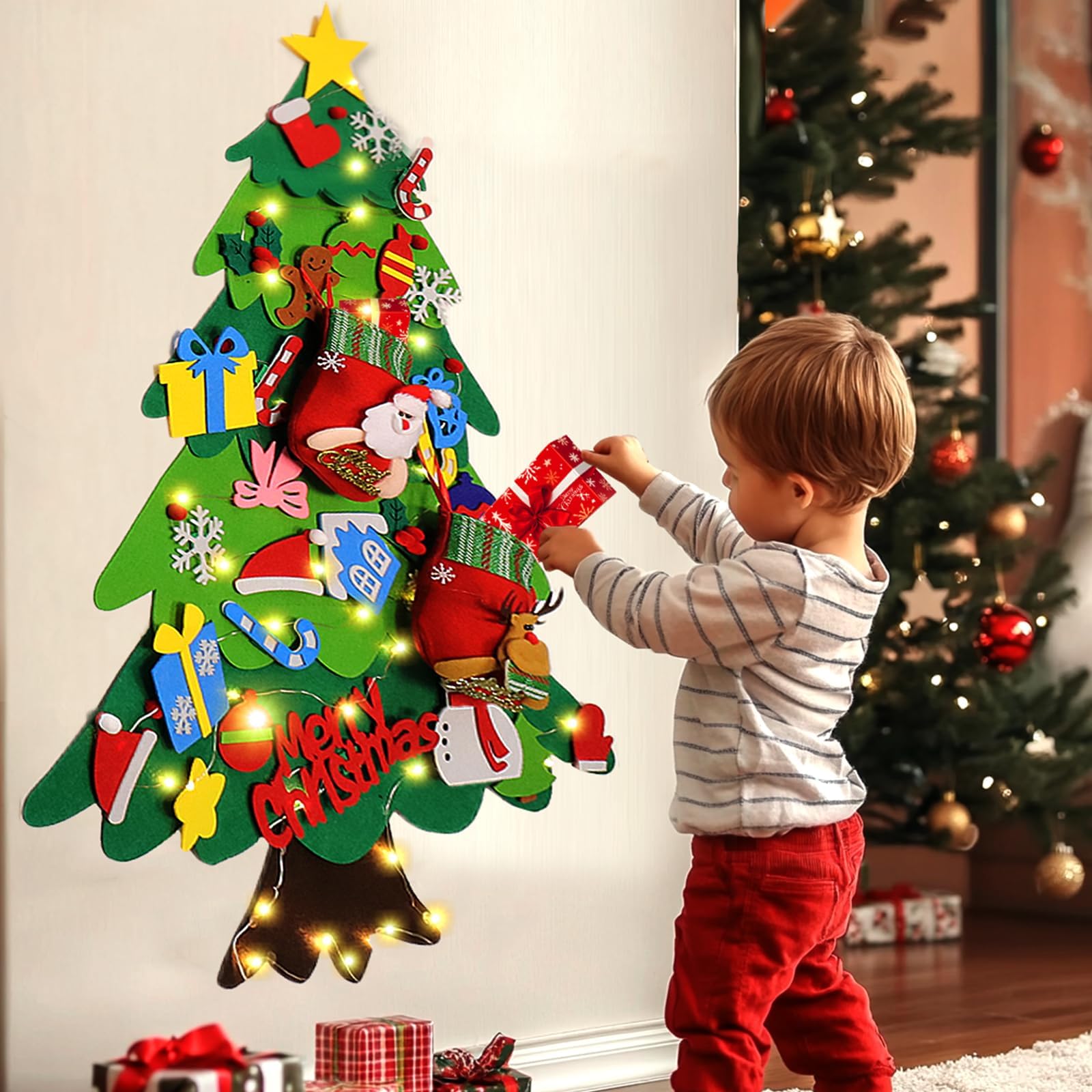 BABORUI Felt Christmas Tree for Kids with Christmas Stockings, Xmas Wall Hanging Ornaments Decorations with String Light for Tod