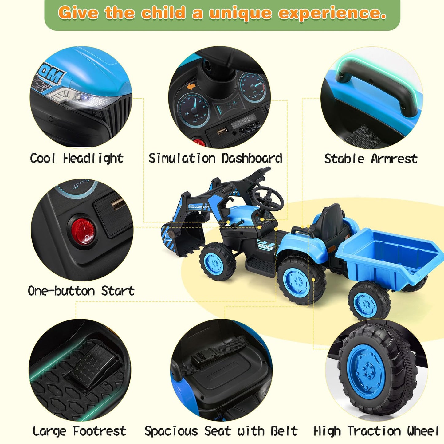 Mellcom Ride On Excavator, 12V Excavator Ride On Toy With Detachable Trailer, Electric Car With Remote Control, Kids Car With Di