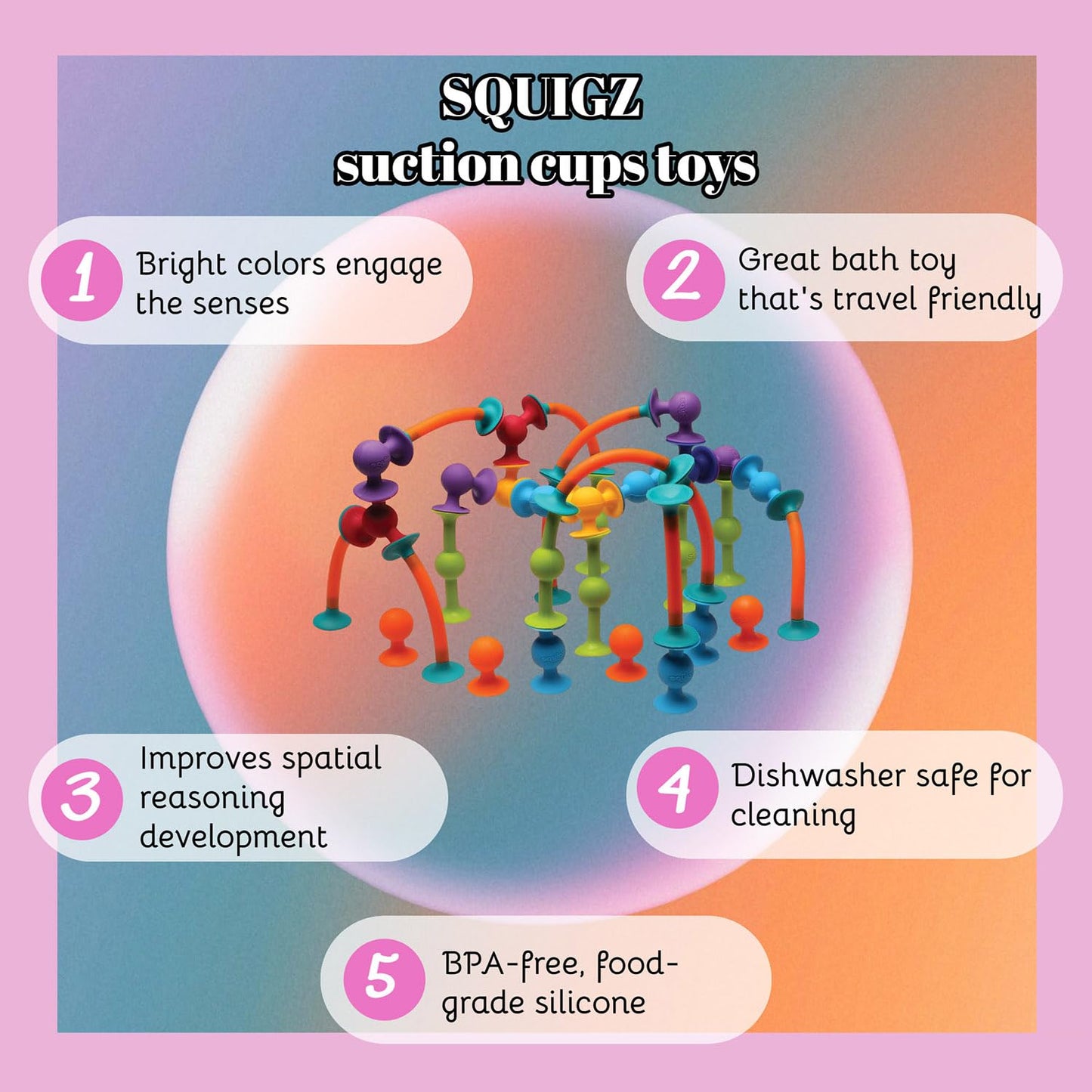 Fat Brain Toys Squigz 75 Piece Set - Suction Cup Set With Storage Bag  BPA Free Silicone Sensory Wall Toys  Stem Building Toys  Kids Travel