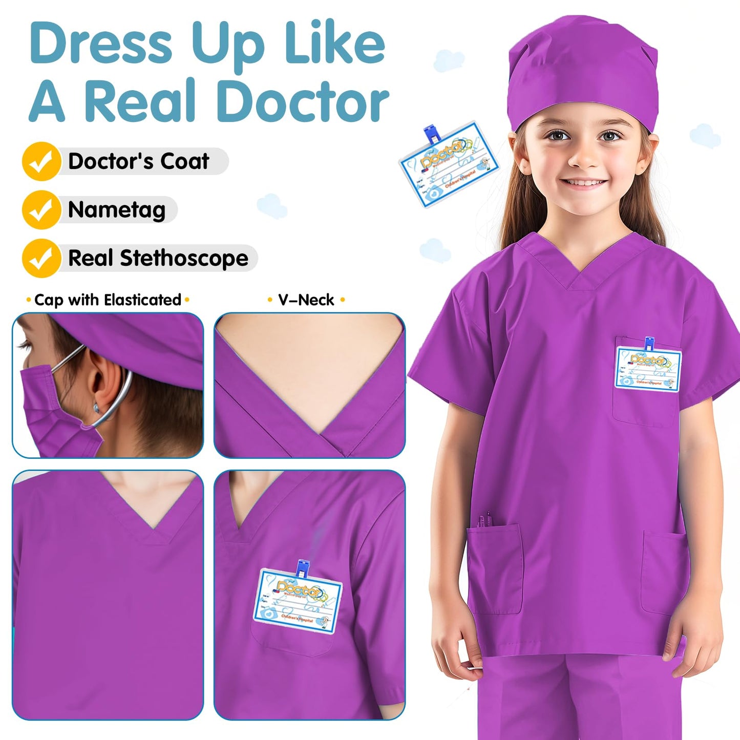 Riorand Doctor Costume For Kids,Toddler Nurse Scrubs Career Day Costume Halloween Dress Up Cosplay For Boys Girls 3-11 Years (Pu