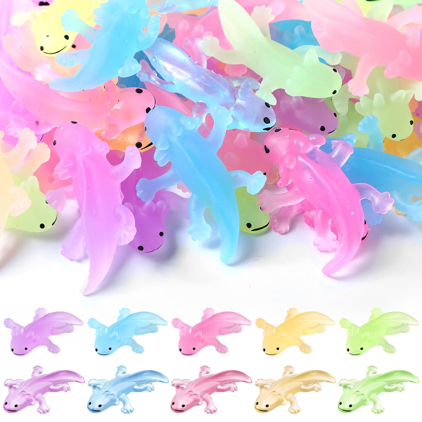 Meooeck 60 Pcs Mini Axolotl Animals Toys Bulk Cute Squeeze Axolotl Fidget Stress Relief Salamander Animal Sensory Toys for Child