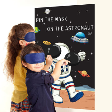 Hxezoc Pin The Mask On The Astronaut Game With 24 Pcs Mask Stickers, Large Astronaut Party Games Poster For Kids Solar System Outer Space Birthday Party School Classroom Carnival Party Supplies