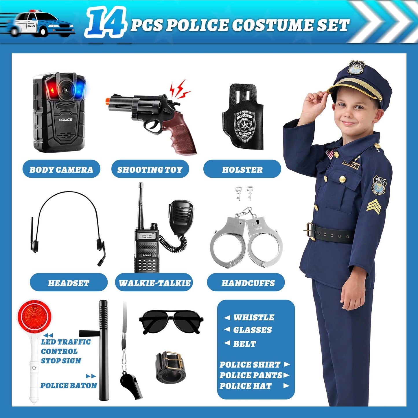 Mgparty Police Officer Costume For Kids Halloween Police Cosplay Accessories For Boys Girls Halloween Dress Up Party