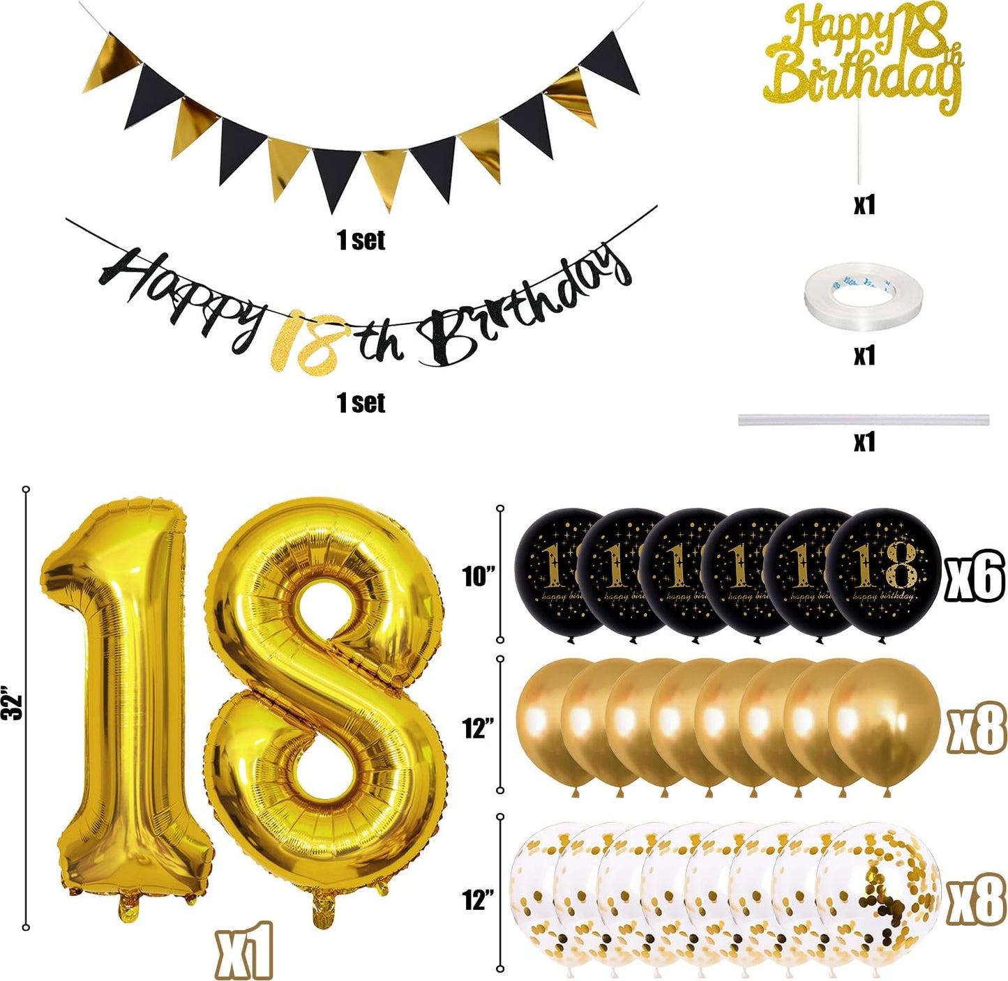 Jobkoo 18Th Birthday Decorations, Black Gold 18Th Birthday Party Decoration For Boys Girls Golden Black 18Th Birthday Balloons C
